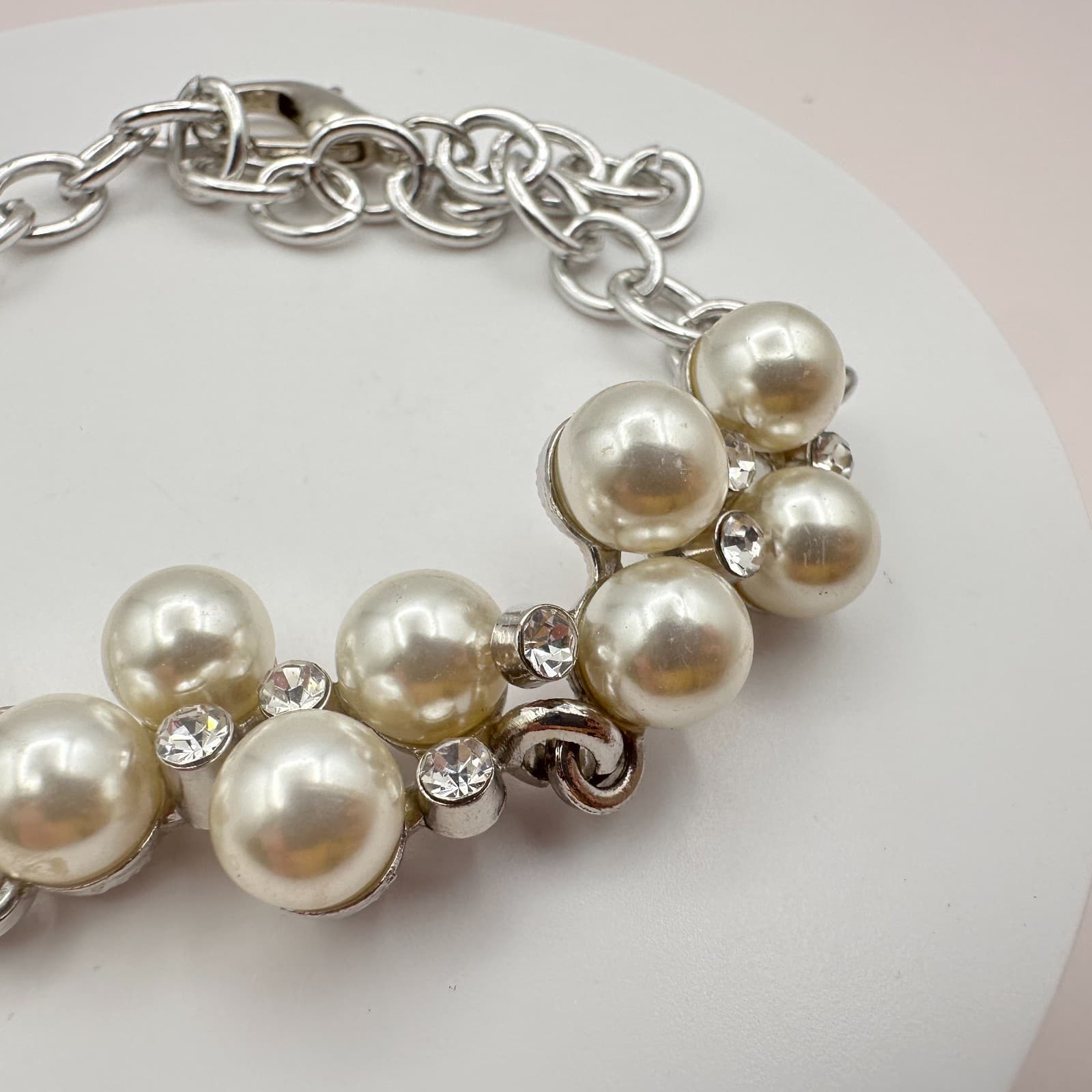 Vintage 90s Silver Tone Faux Pearl Rhinestone Bracelet Women's Classic Jewelry - Thumbnail 7
