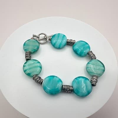 Vintage 90s Silver Tone Teal Swirl Beaded Bracelet Boho Women's Classic Jewelry - Thumbnail 3