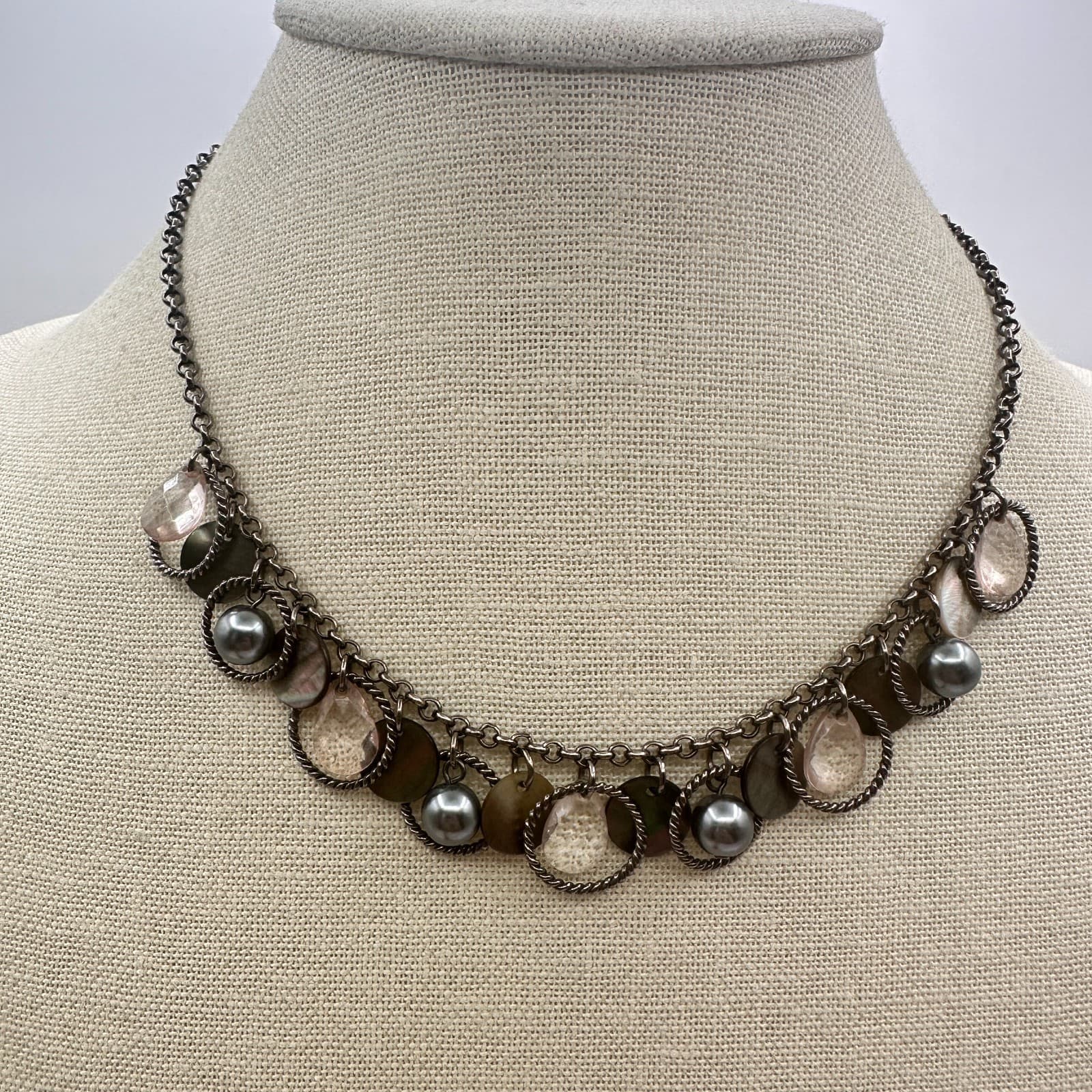 VTG Gunmetal Faux Tahitian Pearl Rose Quartz Choker Bib Necklace Charm Fringe - Thumbnail 2