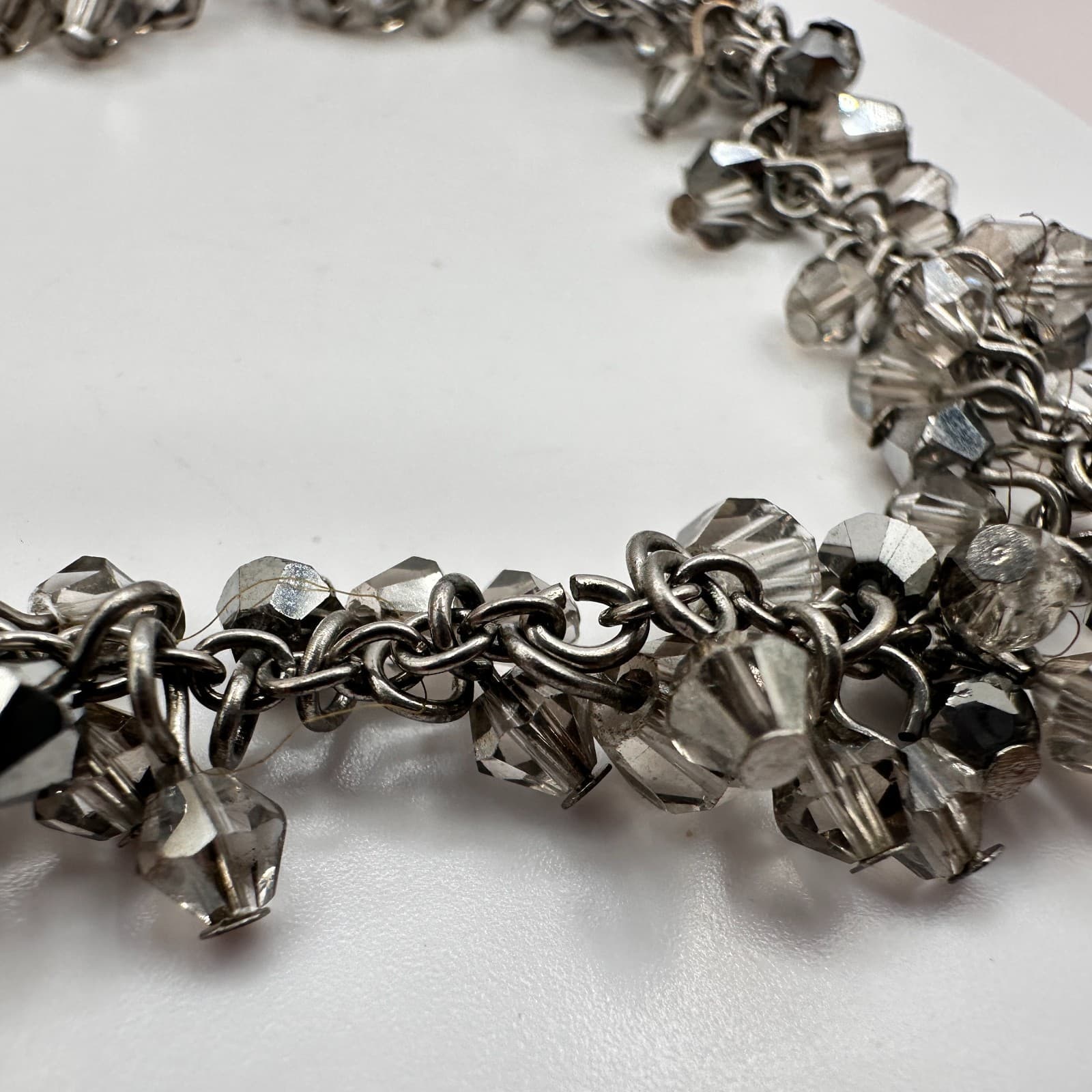 Vintage 90s Silver Tone Smoky Gray Faceted Beaded Bracelet Women's Jewelry Y2K - Thumbnail 6