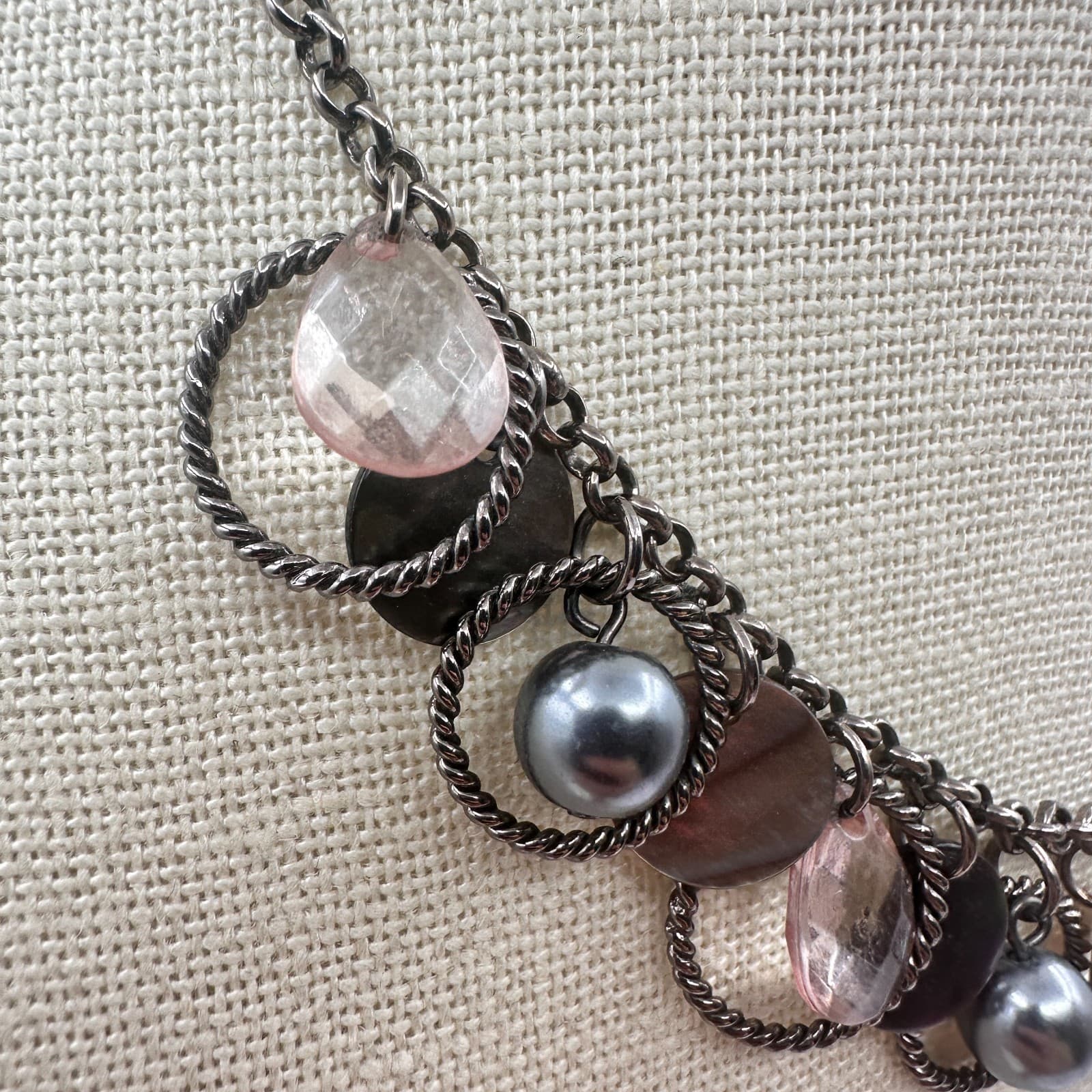 VTG Gunmetal Faux Tahitian Pearl Rose Quartz Choker Bib Necklace Charm Fringe - Thumbnail 4
