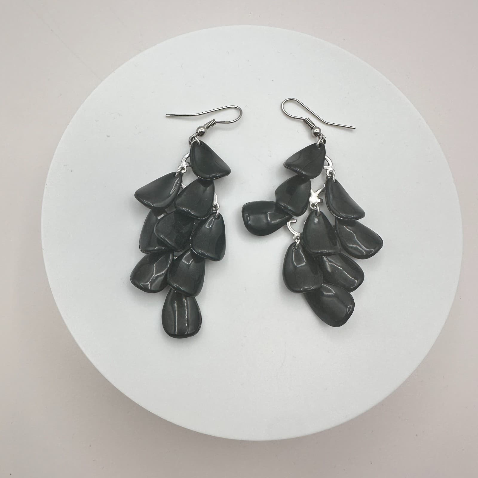 Vintage 90s Silver Tone Black Pebble Dangle Earrings Retro Women's Jewelry Y2K - Thumbnail 3