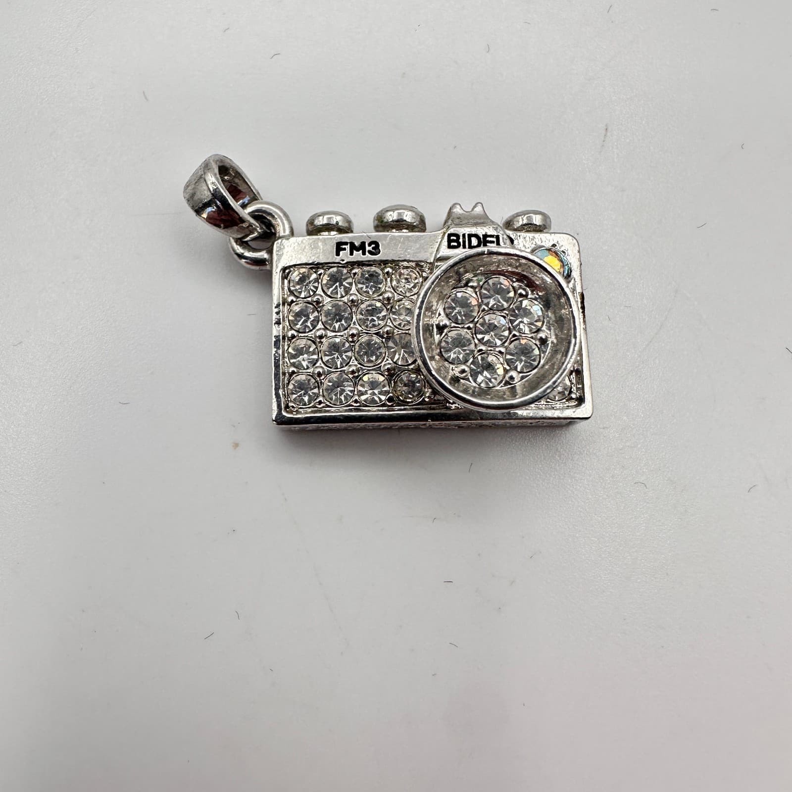 Vintage 90s Bidel FM3 Silver Tone Camera Pendant Clear Rhinestone Jewelry Boho - Thumbnail 2