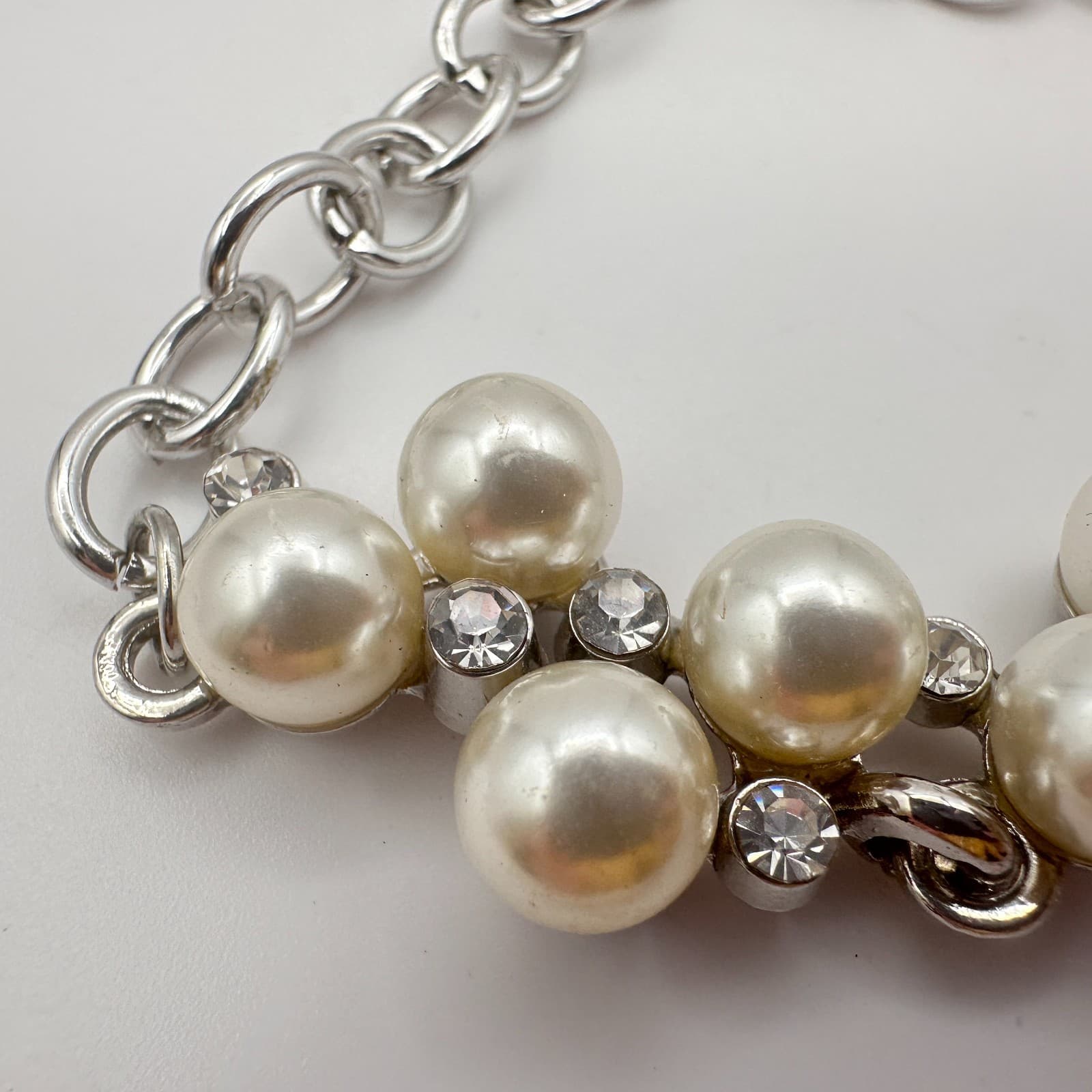 Vintage 90s Silver Tone Faux Pearl Rhinestone Bracelet Women's Classic Jewelry - Thumbnail 6