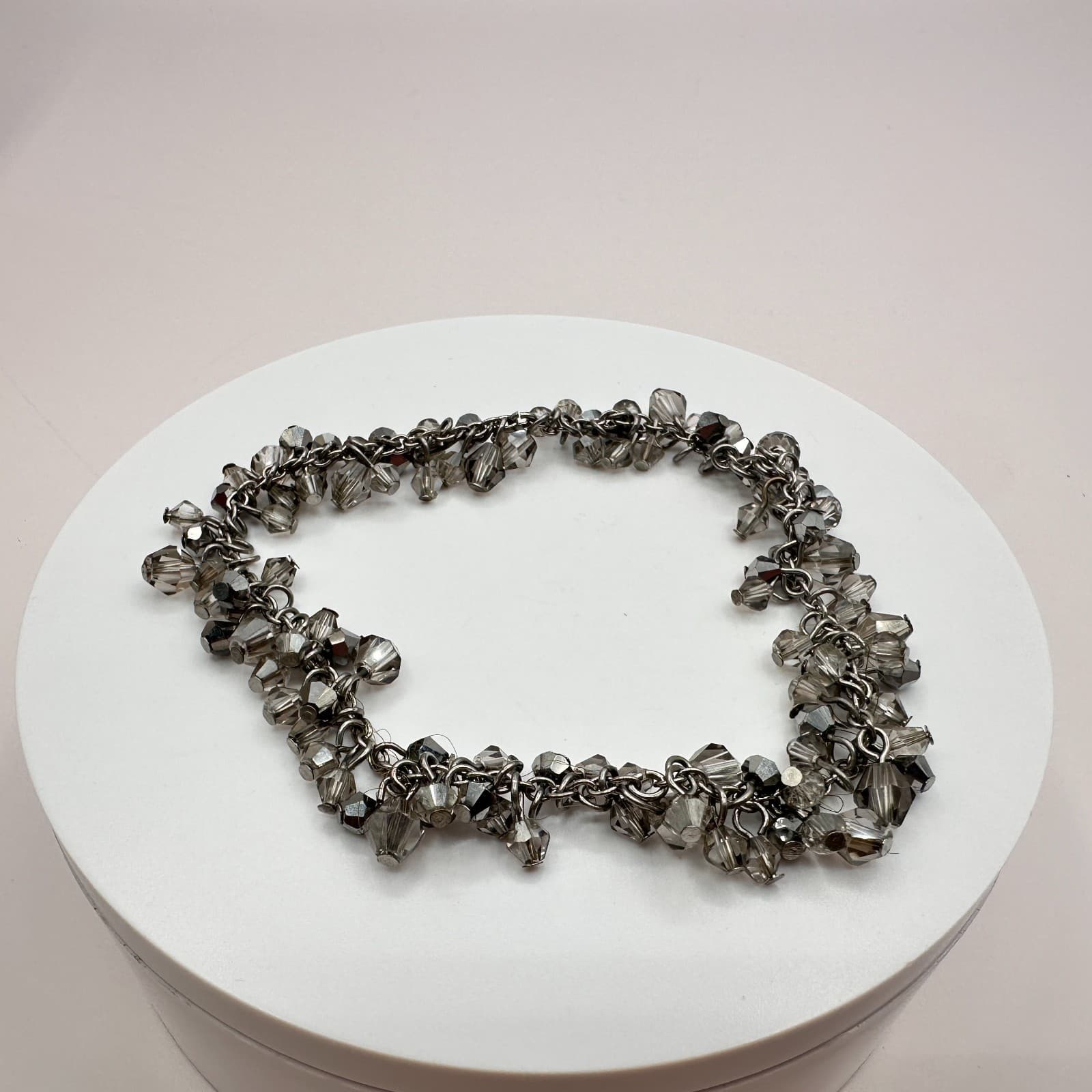 Vintage 90s Silver Tone Smoky Gray Faceted Beaded Bracelet Women's Jewelry Y2K - Thumbnail 7