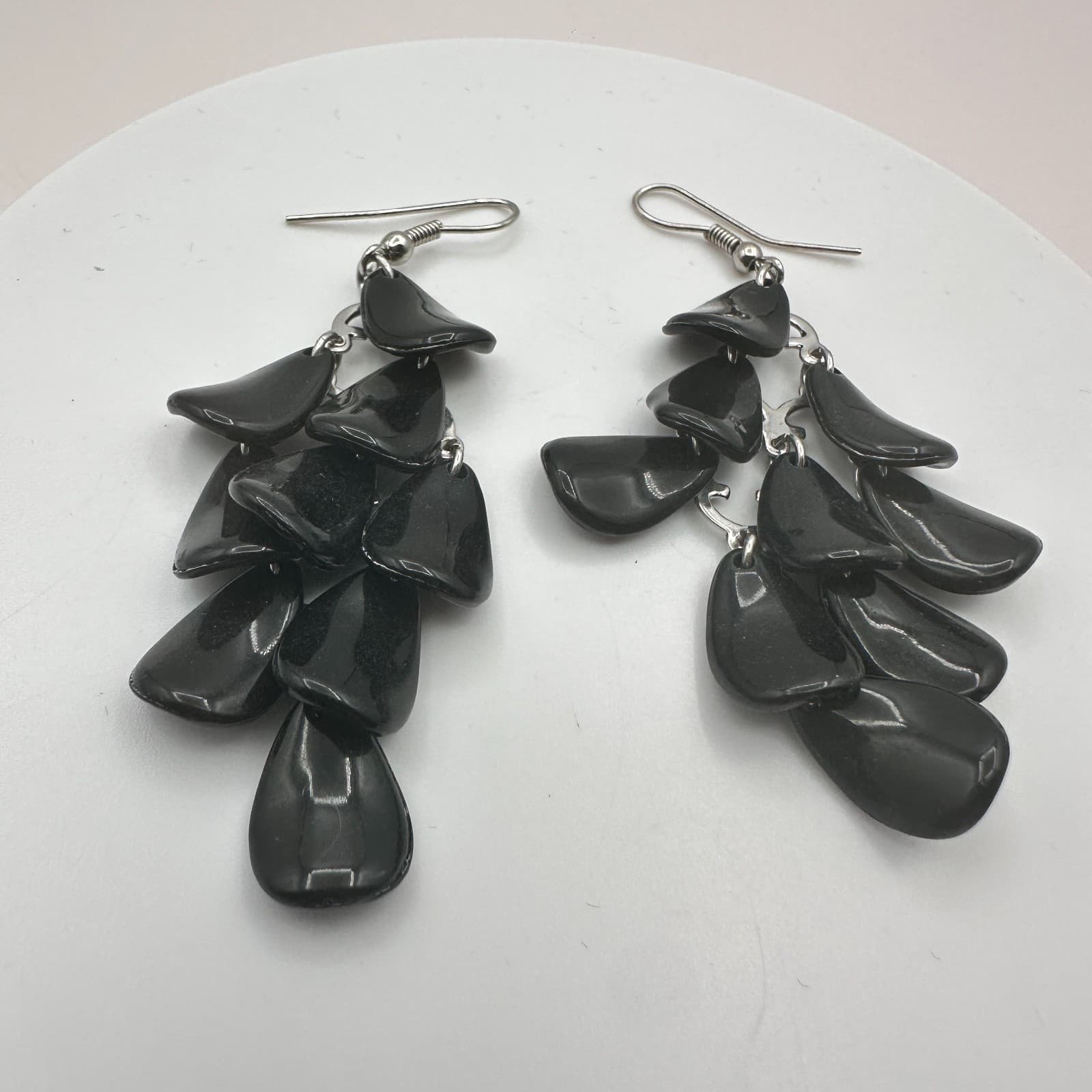 Vintage 90s Silver Tone Black Pebble Dangle Earrings Retro Women's Jewelry Y2K - Thumbnail 4