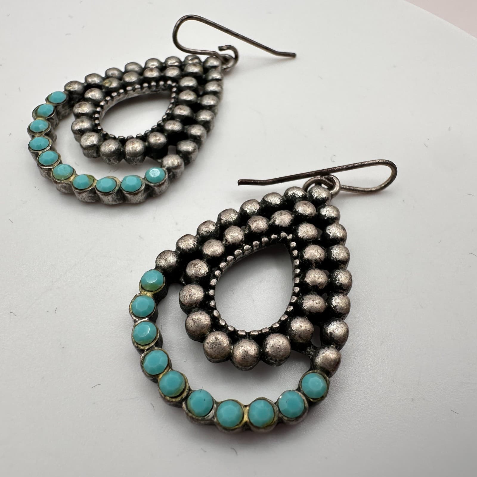 Vintage 90s Blue Glass Beads Silver Tone Teardrop Earrings Boho Fashion Jewelry - Thumbnail 5