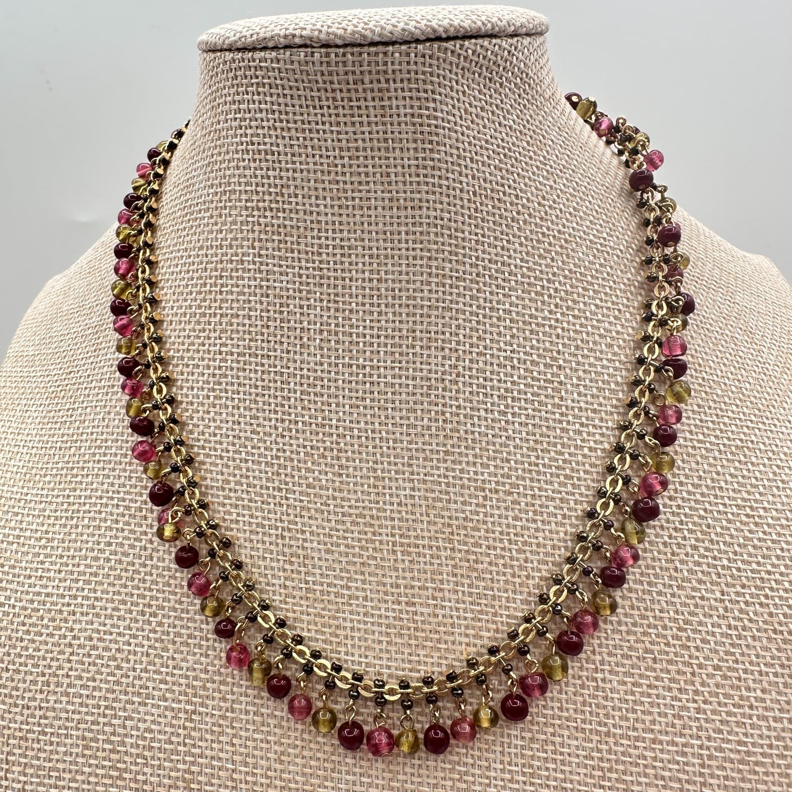 Vintage 80s Express Glass Beaded Necklace Gold Tone Boho Women's Classic Jewelry - Thumbnail 5