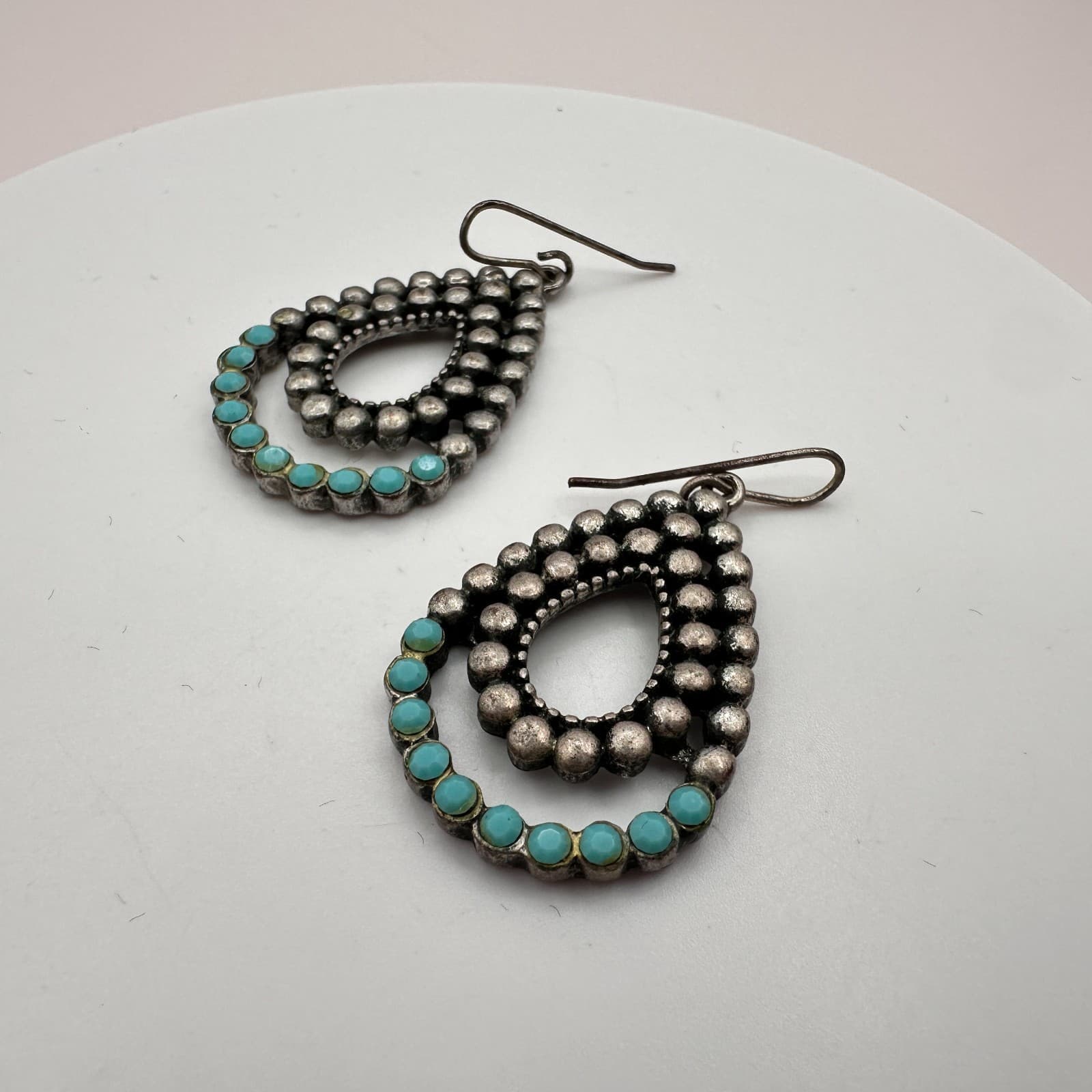 Vintage 90s Blue Glass Beads Silver Tone Teardrop Earrings Boho Fashion Jewelry - Thumbnail 4