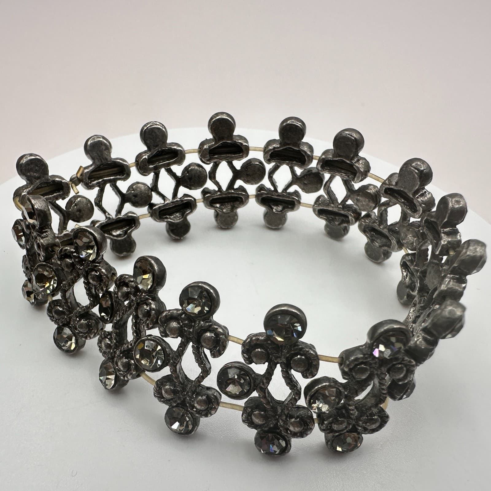 Vintage 90s Gunmetal Gray Glass Stretch Bracelet Boho Statement Cuff Jewelry Y2K - Thumbnail 2