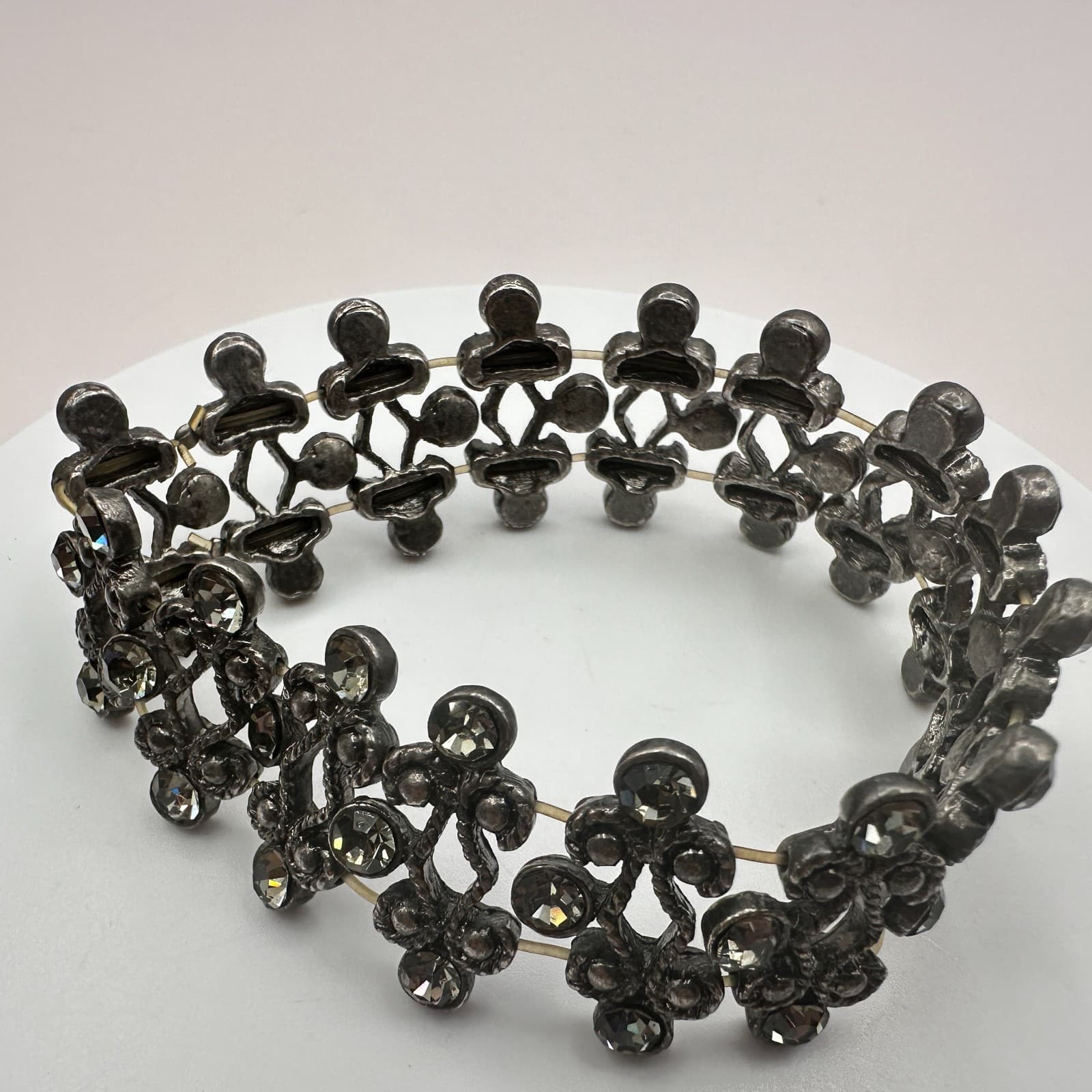 Vintage 90s Gunmetal Gray Glass Stretch Bracelet Boho Statement Cuff Jewelry Y2K - Thumbnail 5