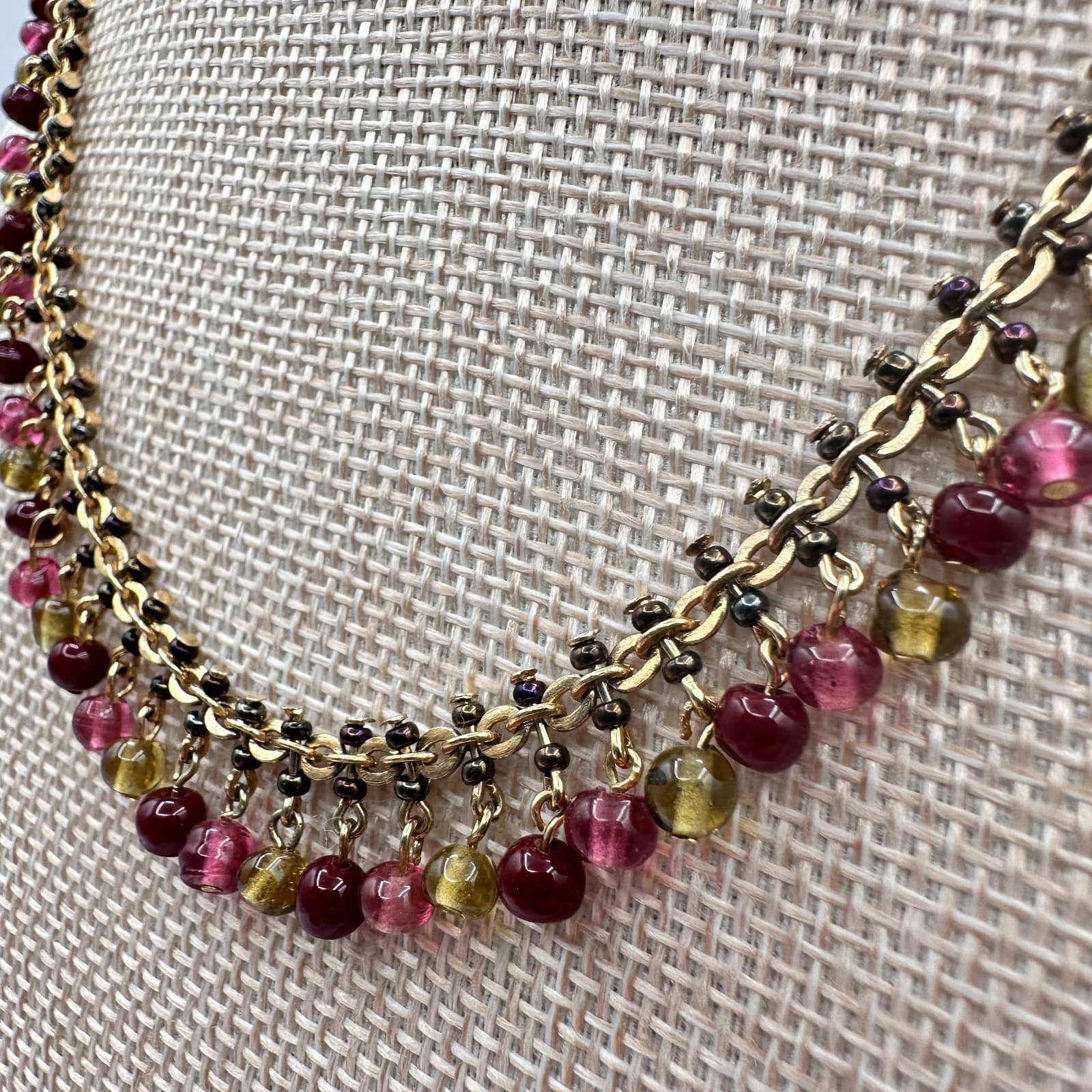 Vintage 80s Express Glass Beaded Necklace Gold Tone Boho Women's Classic Jewelry - Thumbnail 3