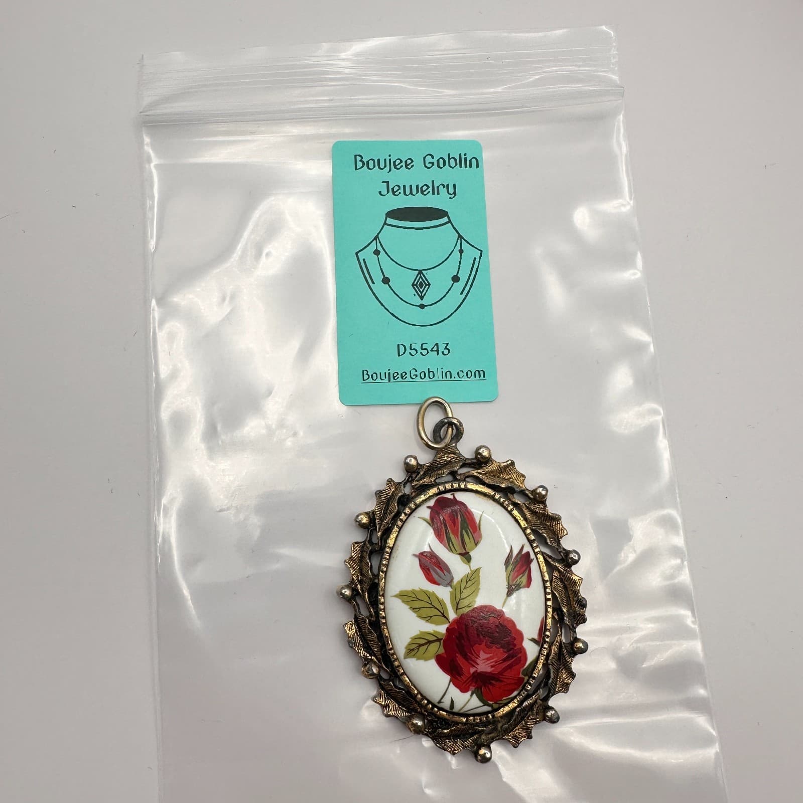 Vintage 90s Gold Tone Textured Leaf Frame Porcelain Rose Pendant Women's Jewelry - Thumbnail 6