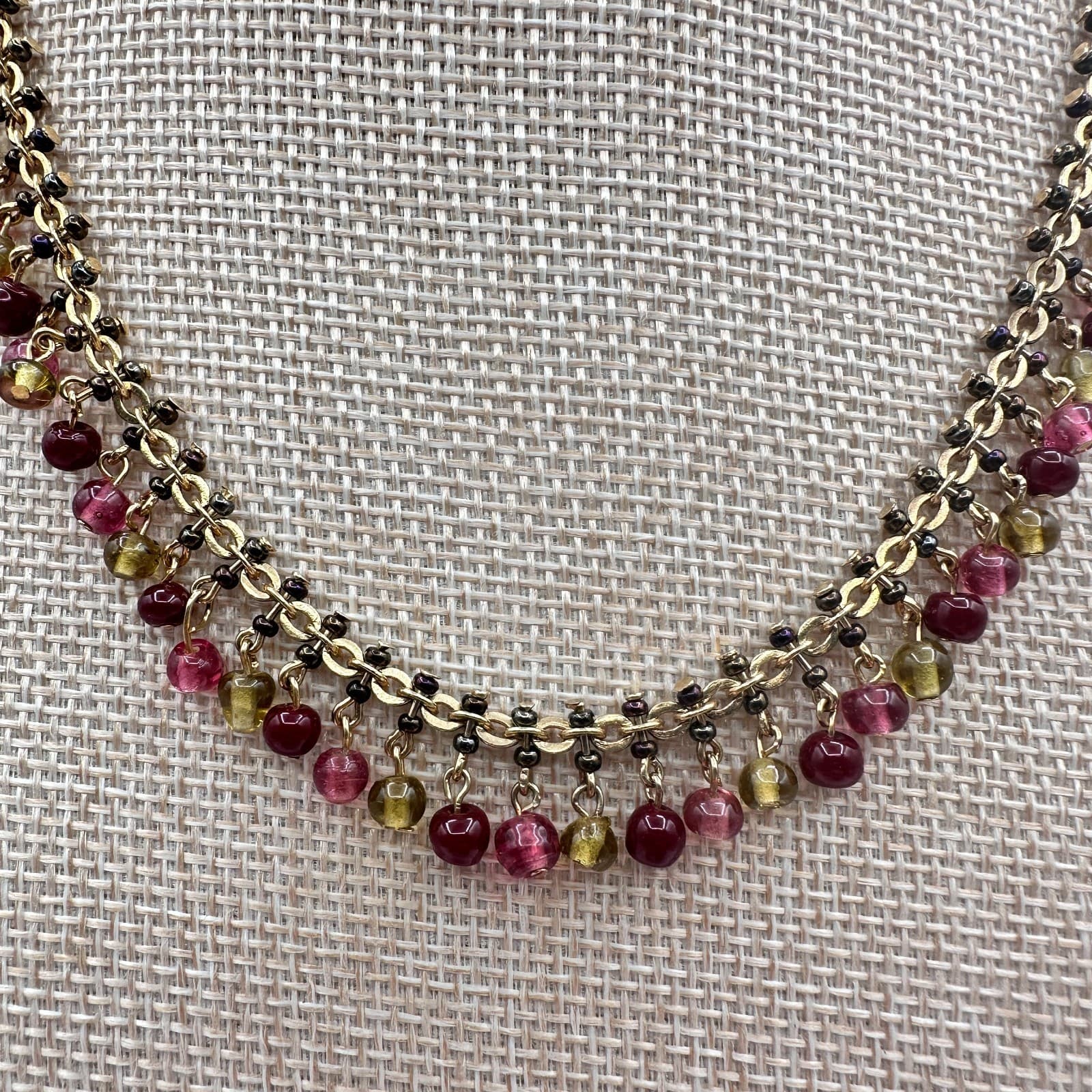 Vintage 80s Express Glass Beaded Necklace Gold Tone Boho Women's Classic Jewelry - Thumbnail 8