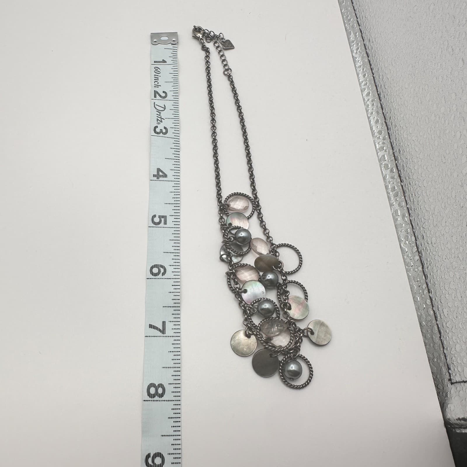 VTG Gunmetal Faux Tahitian Pearl Rose Quartz Choker Bib Necklace Charm Fringe - Thumbnail 9