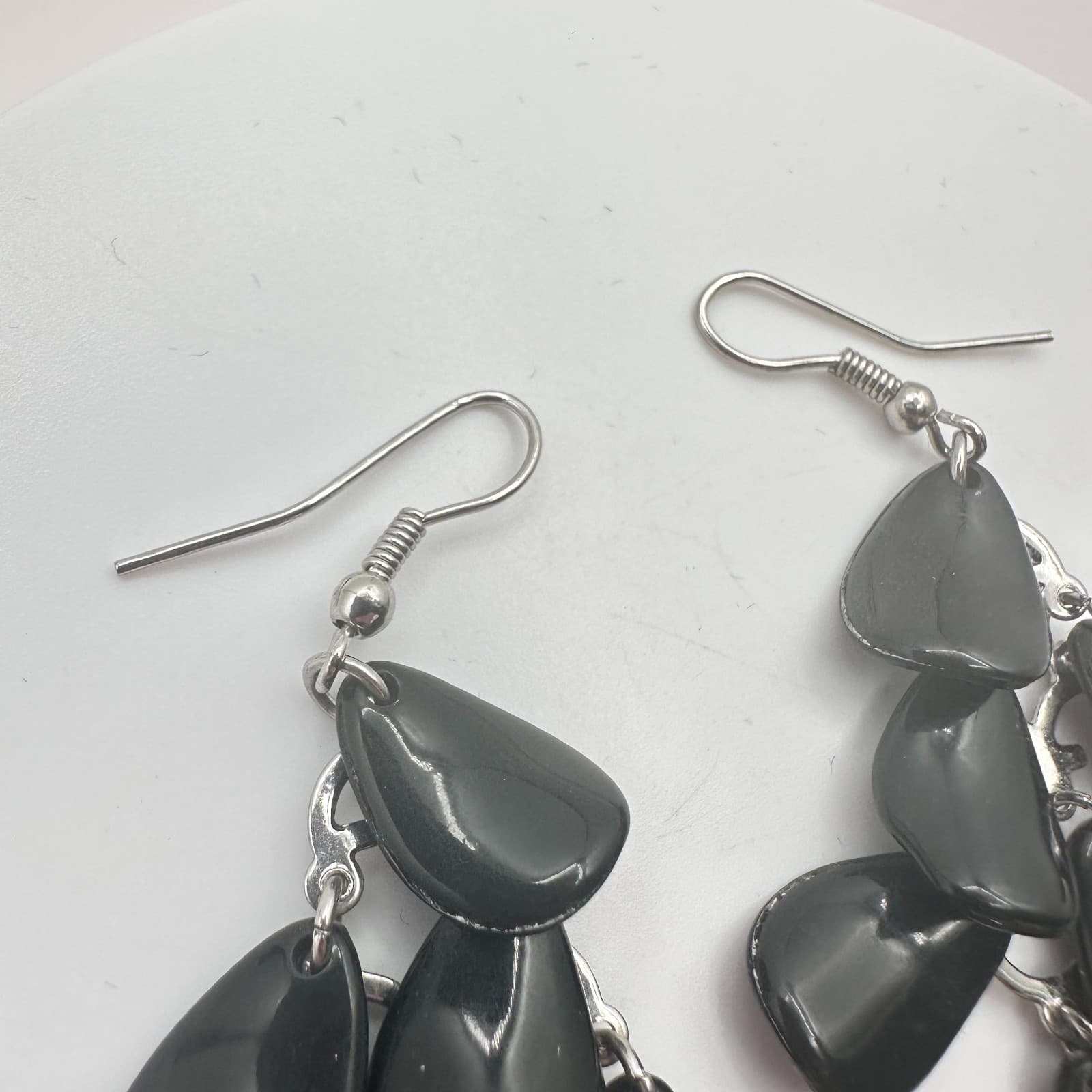 Vintage 90s Silver Tone Black Pebble Dangle Earrings Retro Women's Jewelry Y2K - Thumbnail 5