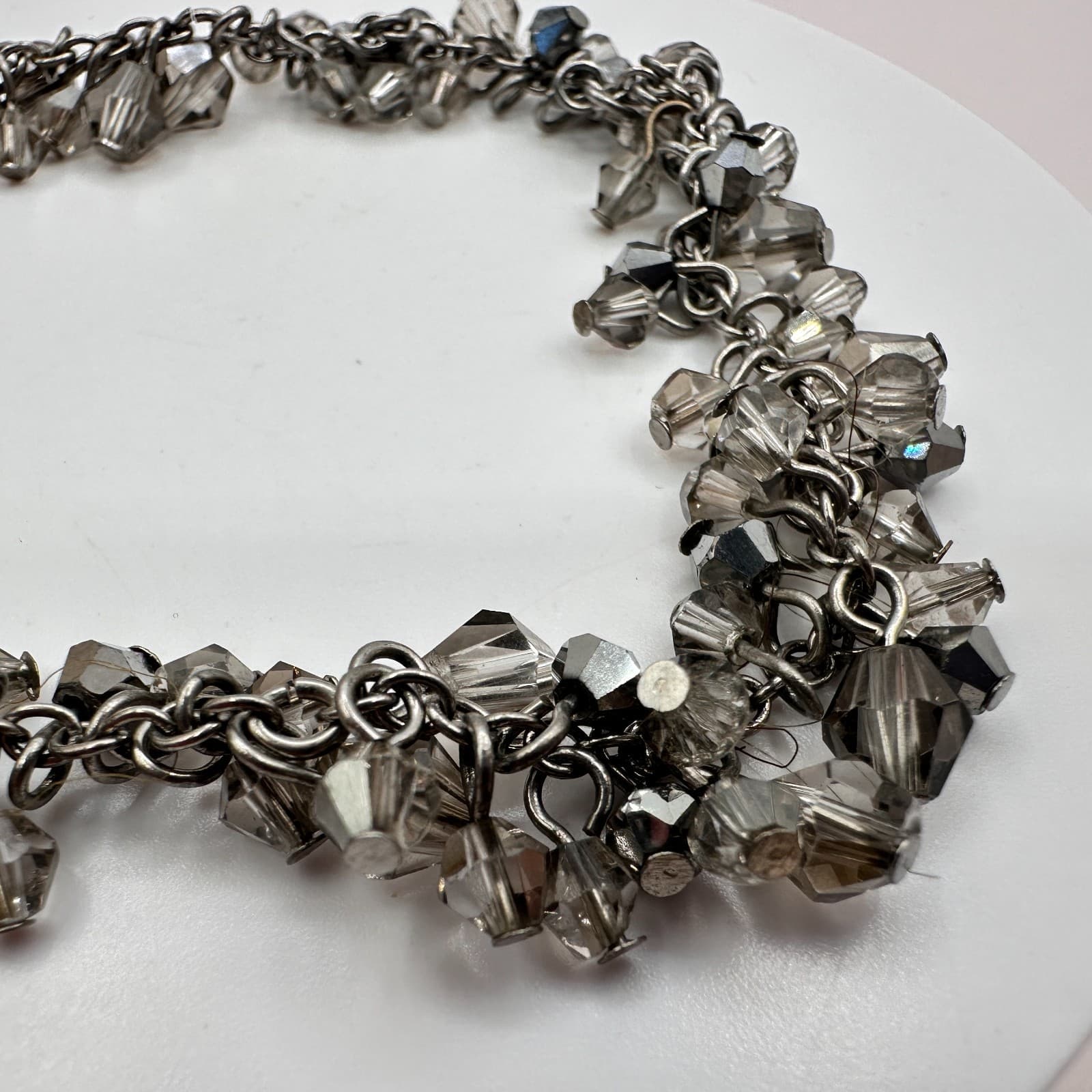 Vintage 90s Silver Tone Smoky Gray Faceted Beaded Bracelet Women's Jewelry Y2K - Thumbnail 8