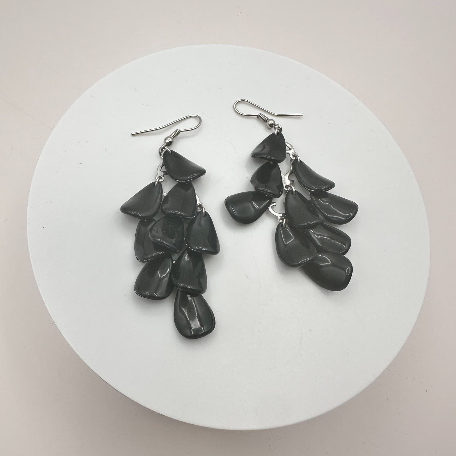 Vintage 90s Silver Tone Black Pebble Dangle Earrings Retro Women's Jewelry Y2K - Thumbnail 6