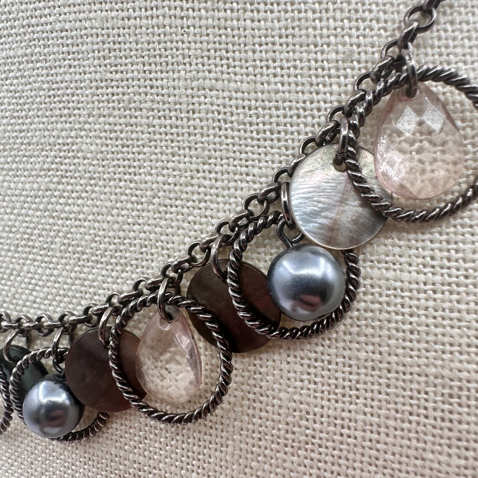 VTG Gunmetal Faux Tahitian Pearl Rose Quartz Choker Bib Necklace Charm Fringe - Thumbnail 7