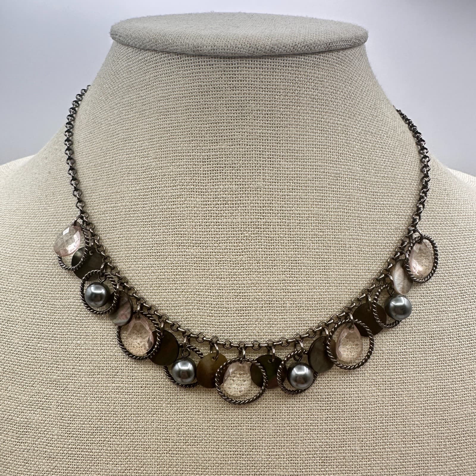 VTG Gunmetal Faux Tahitian Pearl Rose Quartz Choker Bib Necklace Charm Fringe - Thumbnail 8