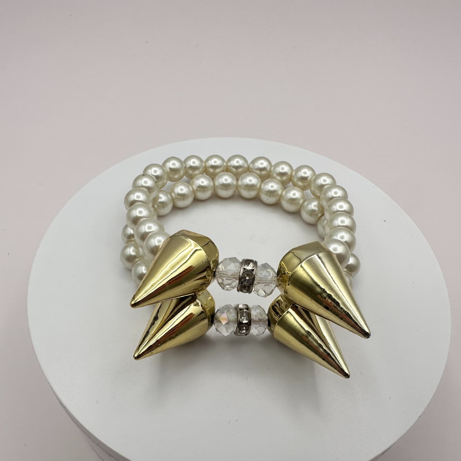 Vintage Y2K Spike Gold Tone Faux Pearl Rhinestone Stretch Bracelet Jewelry Boho - Thumbnail 2