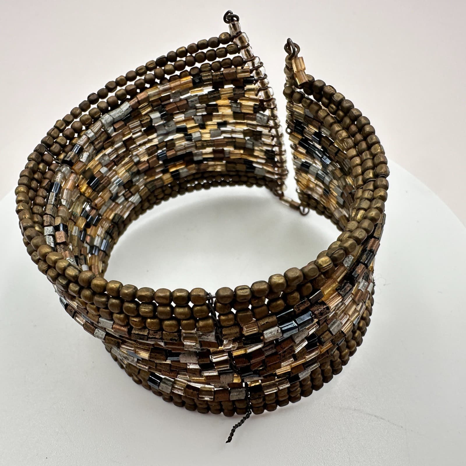 Vintage 90s Bronze Tone Multi Strand Glass Seed Bead Coil Cuff Bracelet Jewelry - Thumbnail 3
