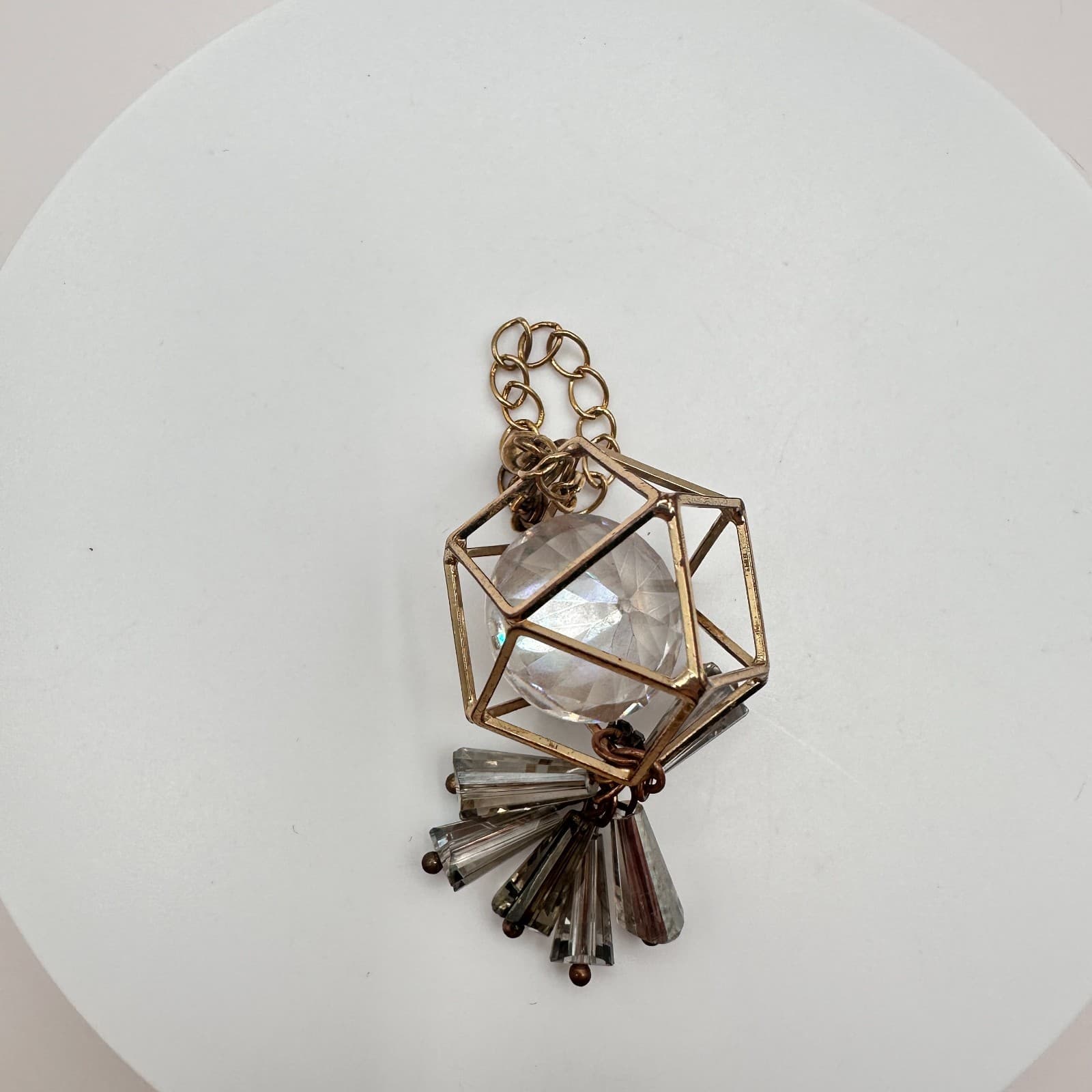 intage Gold Tone Geometric Cage Pendant Clear Lucite Crystal Prism Charm Boho - Thumbnail 4
