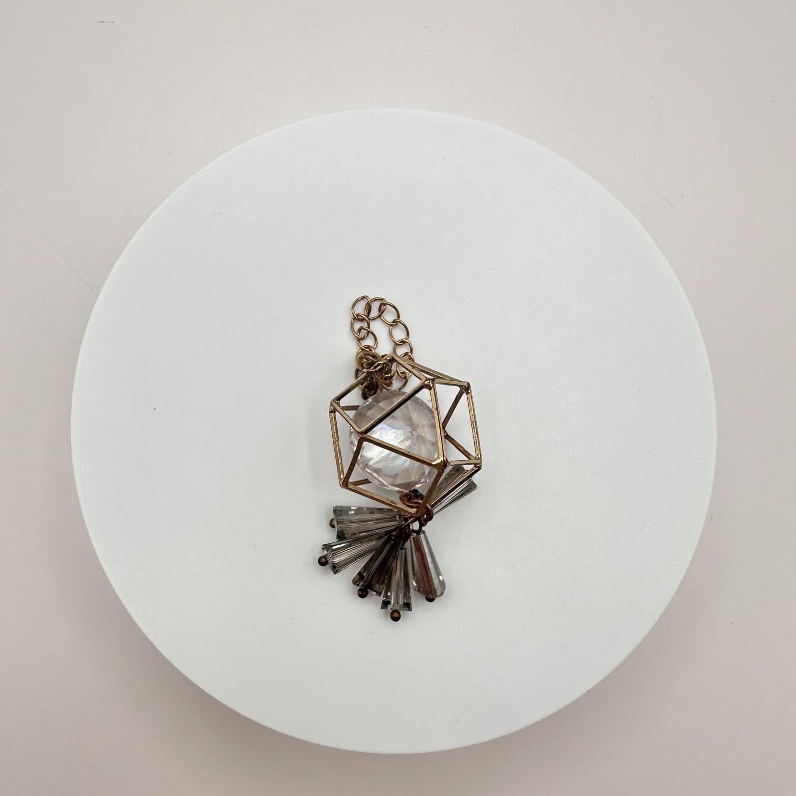 intage Gold Tone Geometric Cage Pendant Clear Lucite Crystal Prism Charm Boho - Thumbnail 6