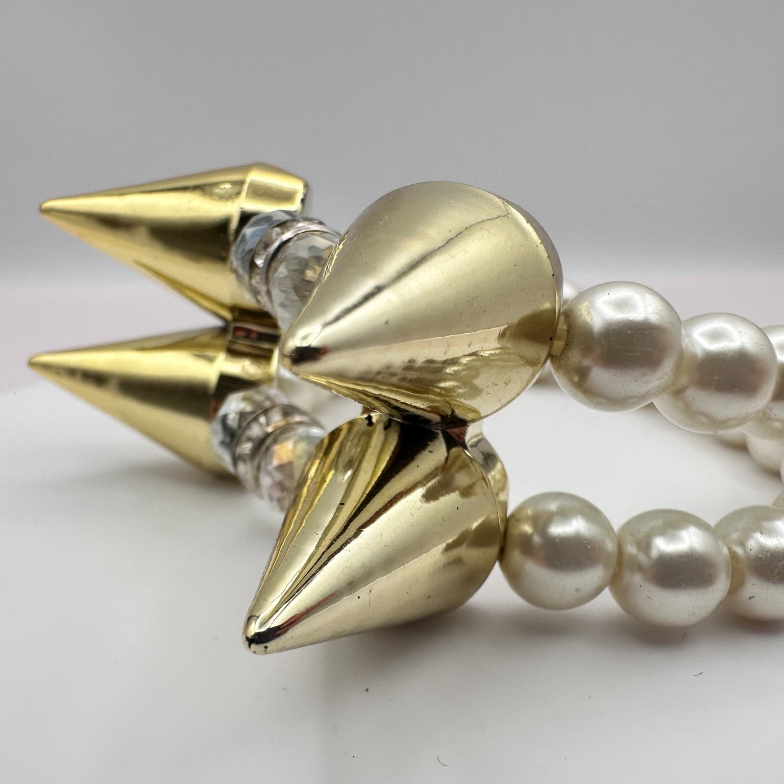 Vintage Y2K Spike Gold Tone Faux Pearl Rhinestone Stretch Bracelet Jewelry Boho - Thumbnail 6