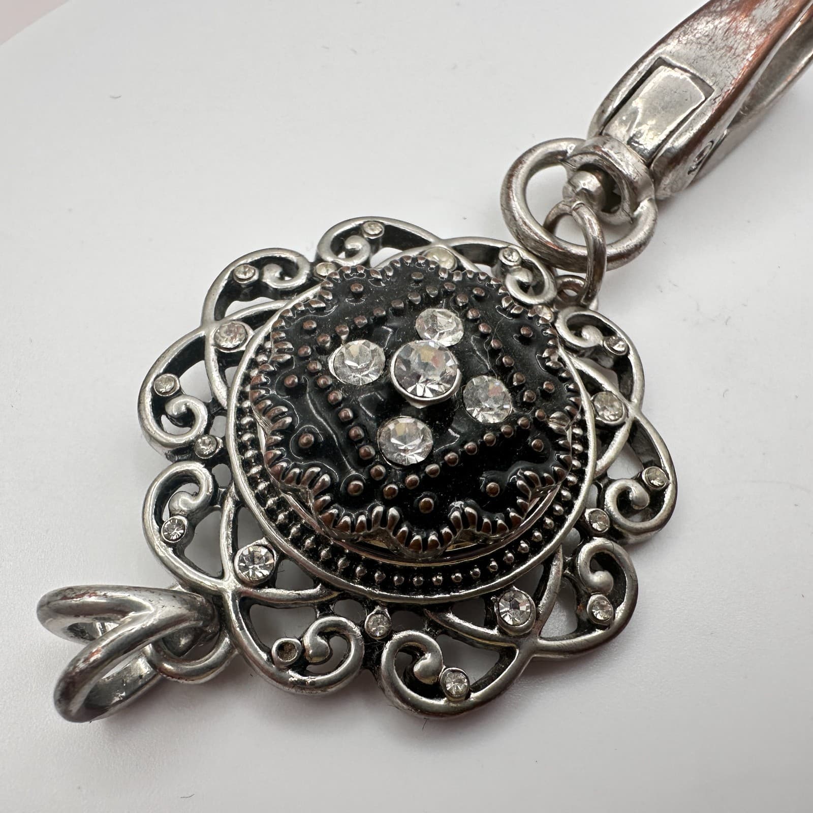 Vintage 90s Silver Tone Black Enamel Clear Glass Filigree Flower Pendant Charm