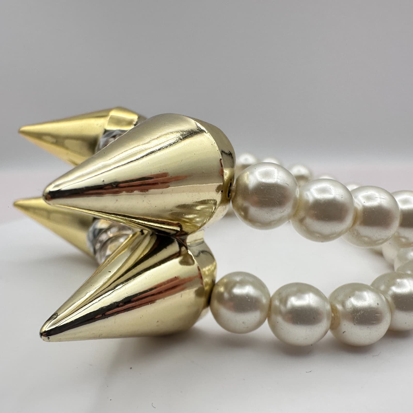 Vintage Y2K Spike Gold Tone Faux Pearl Rhinestone Stretch Bracelet Jewelry Boho - Thumbnail 7