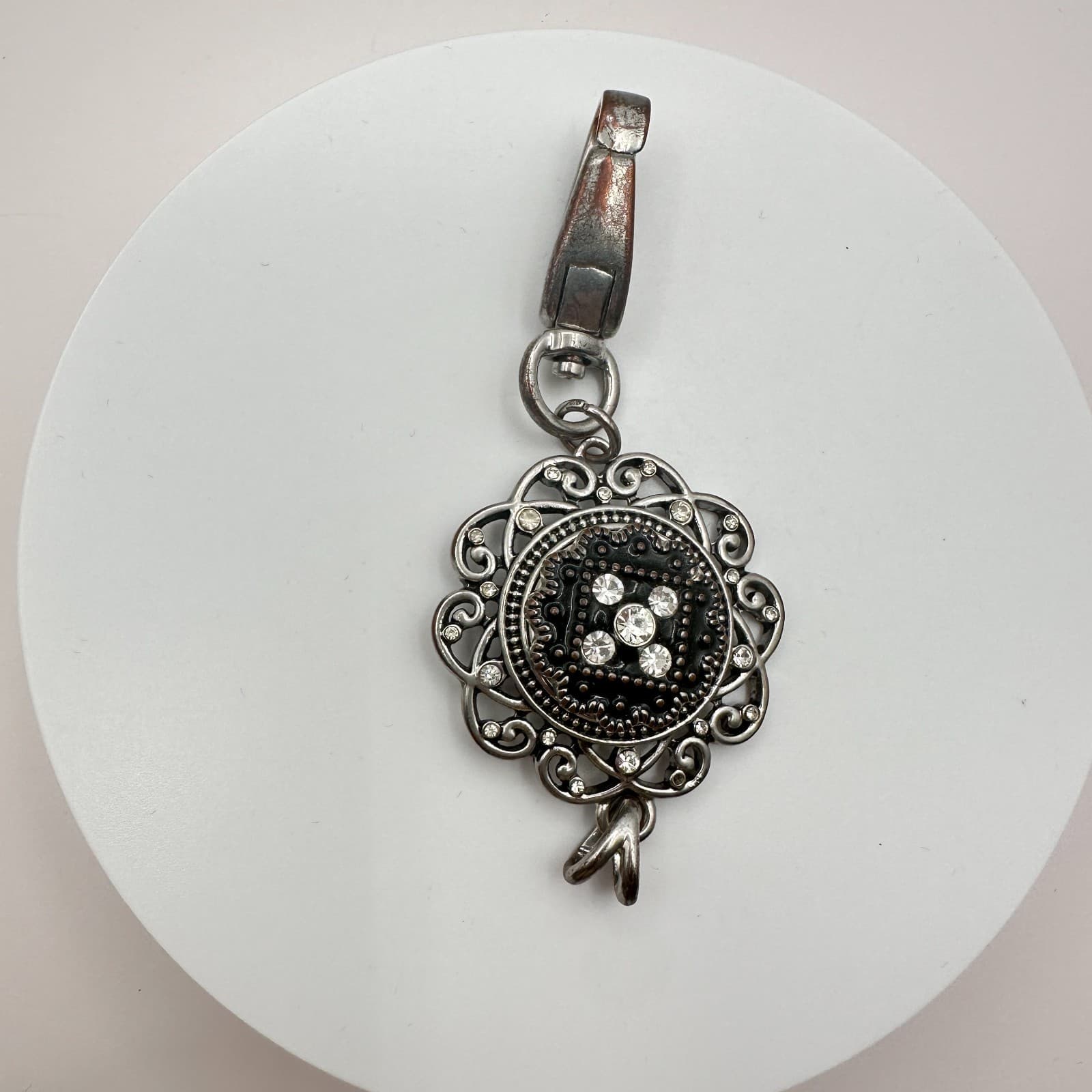 Vintage 90s Silver Tone Black Enamel Clear Glass Filigree Flower Pendant Charm - Thumbnail 3