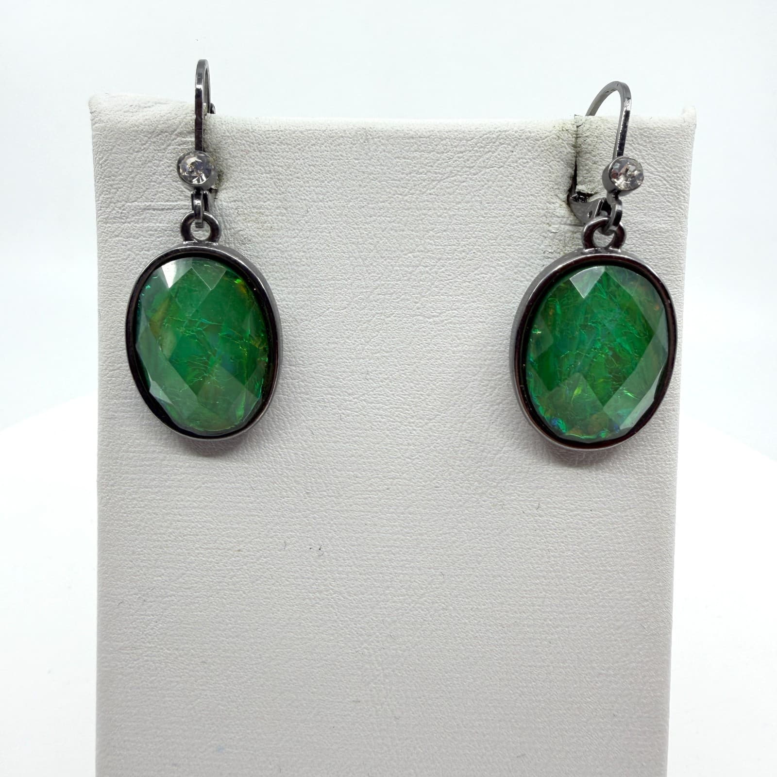 Y2K Dark Metal Green Crystal Dangle Earrings Oval Statement Jewelry Gift Idea