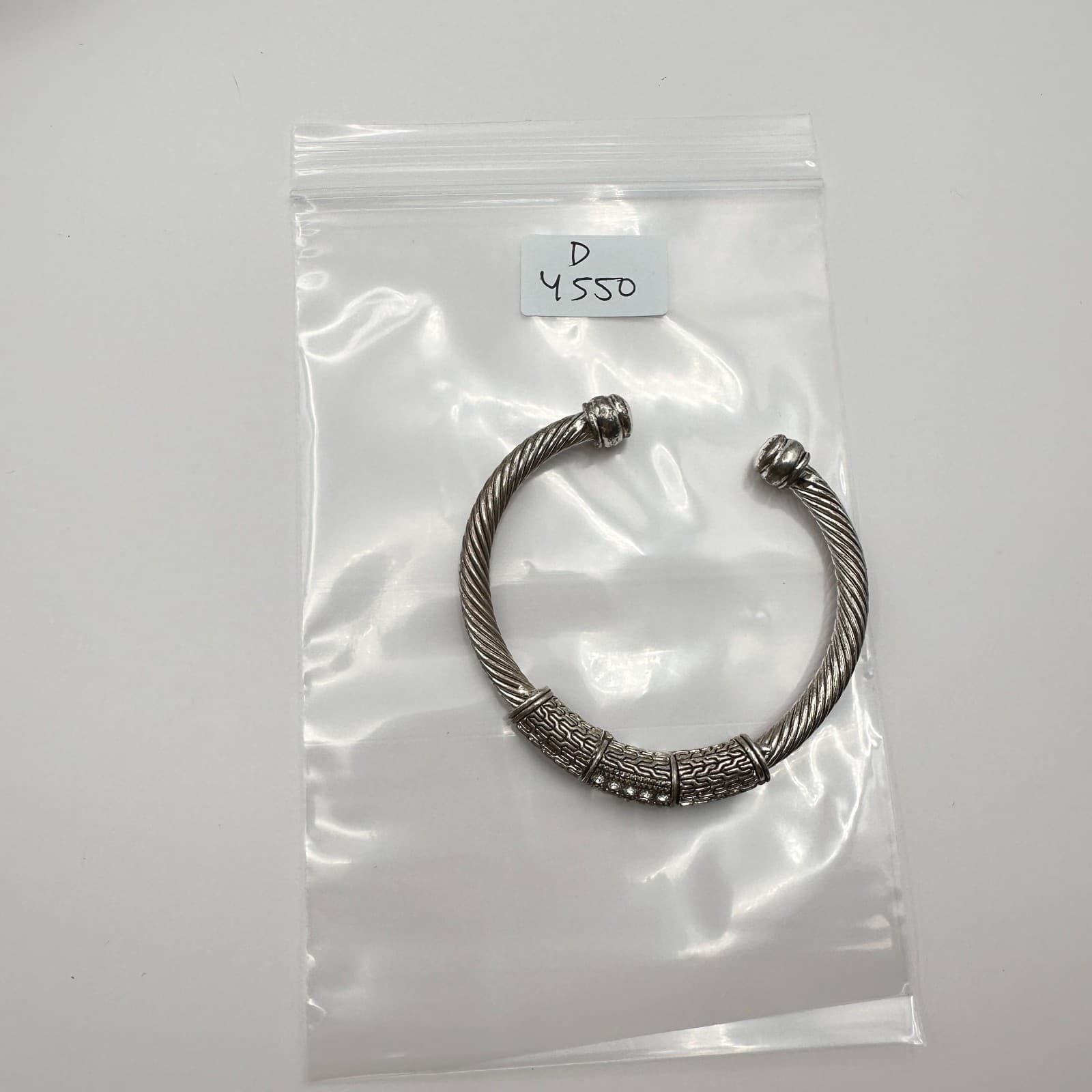 Vintage 90s Clear Glass Silver Tone Cable Cuff Bracelet Boho Textured Jewelry - Thumbnail 6