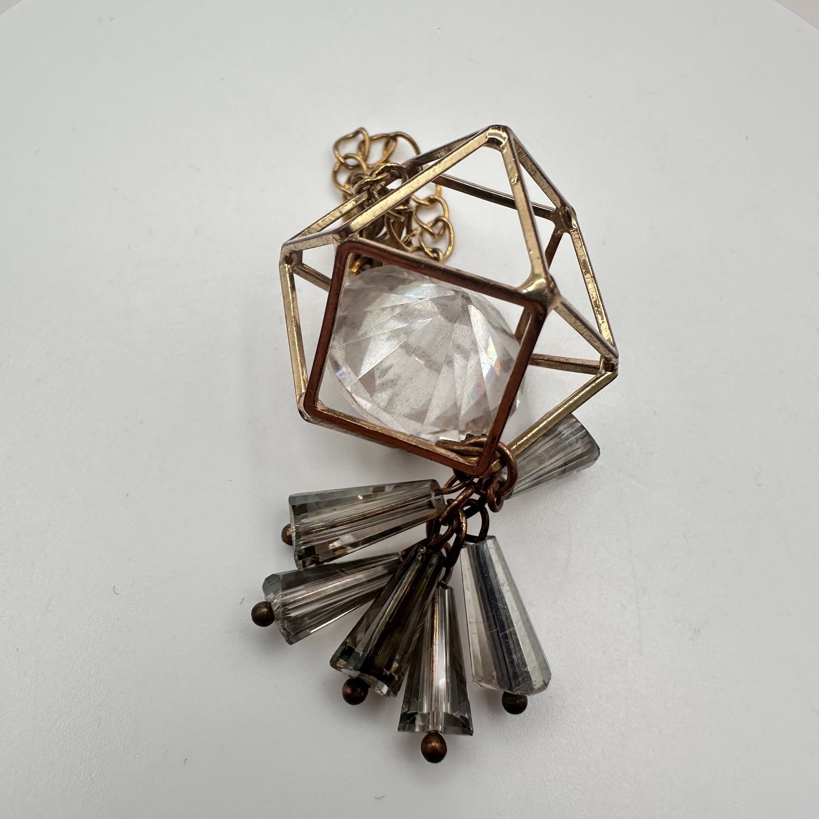 intage Gold Tone Geometric Cage Pendant Clear Lucite Crystal Prism Charm Boho - Thumbnail 2