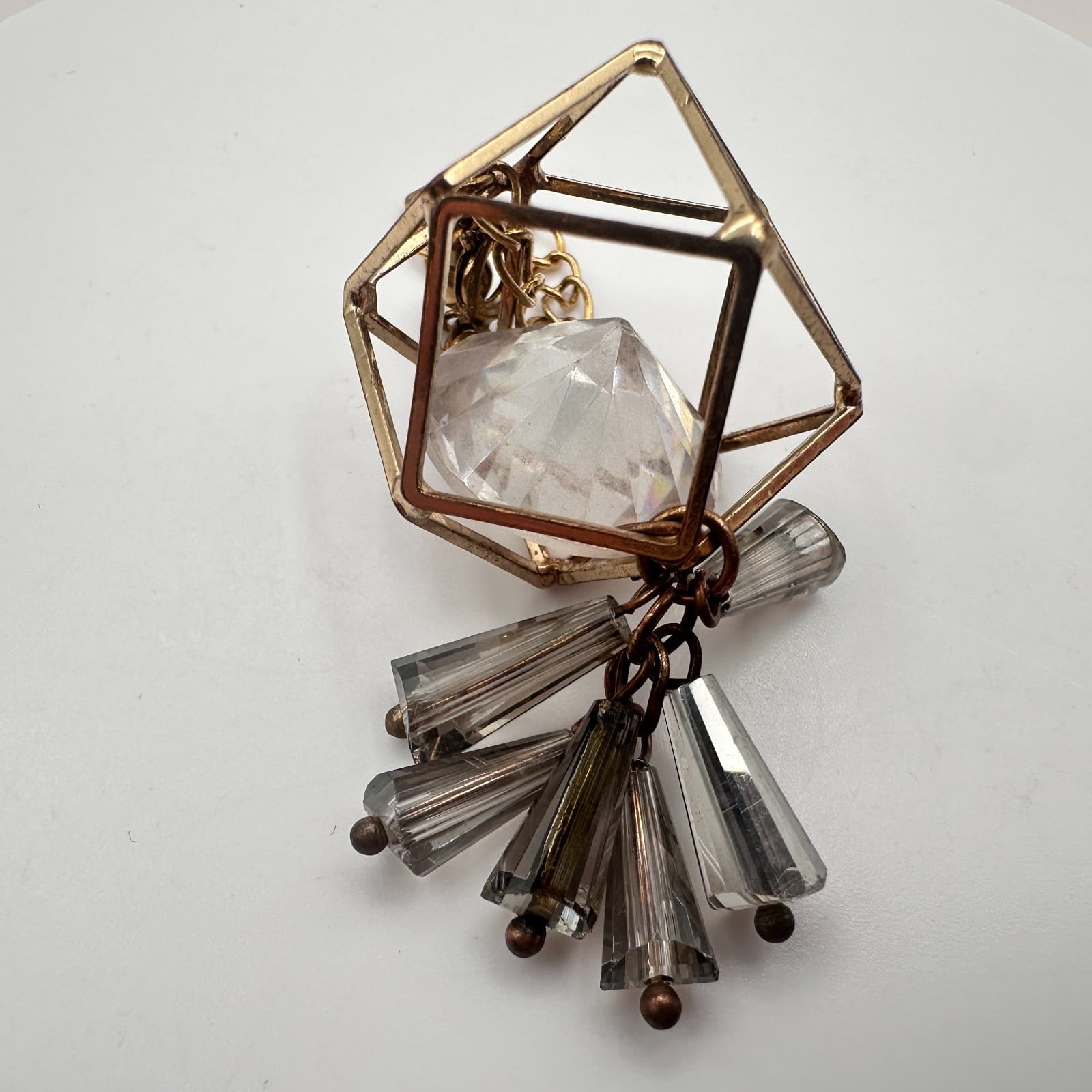 intage Gold Tone Geometric Cage Pendant Clear Lucite Crystal Prism Charm Boho - Thumbnail 5