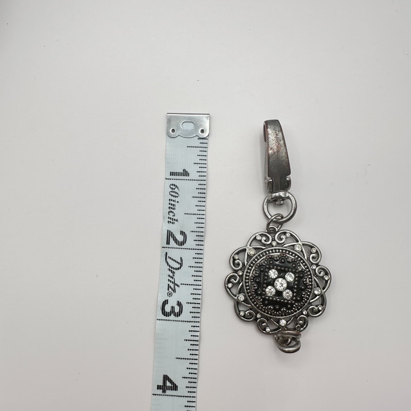 Vintage 90s Silver Tone Black Enamel Clear Glass Filigree Flower Pendant Charm - Thumbnail 8