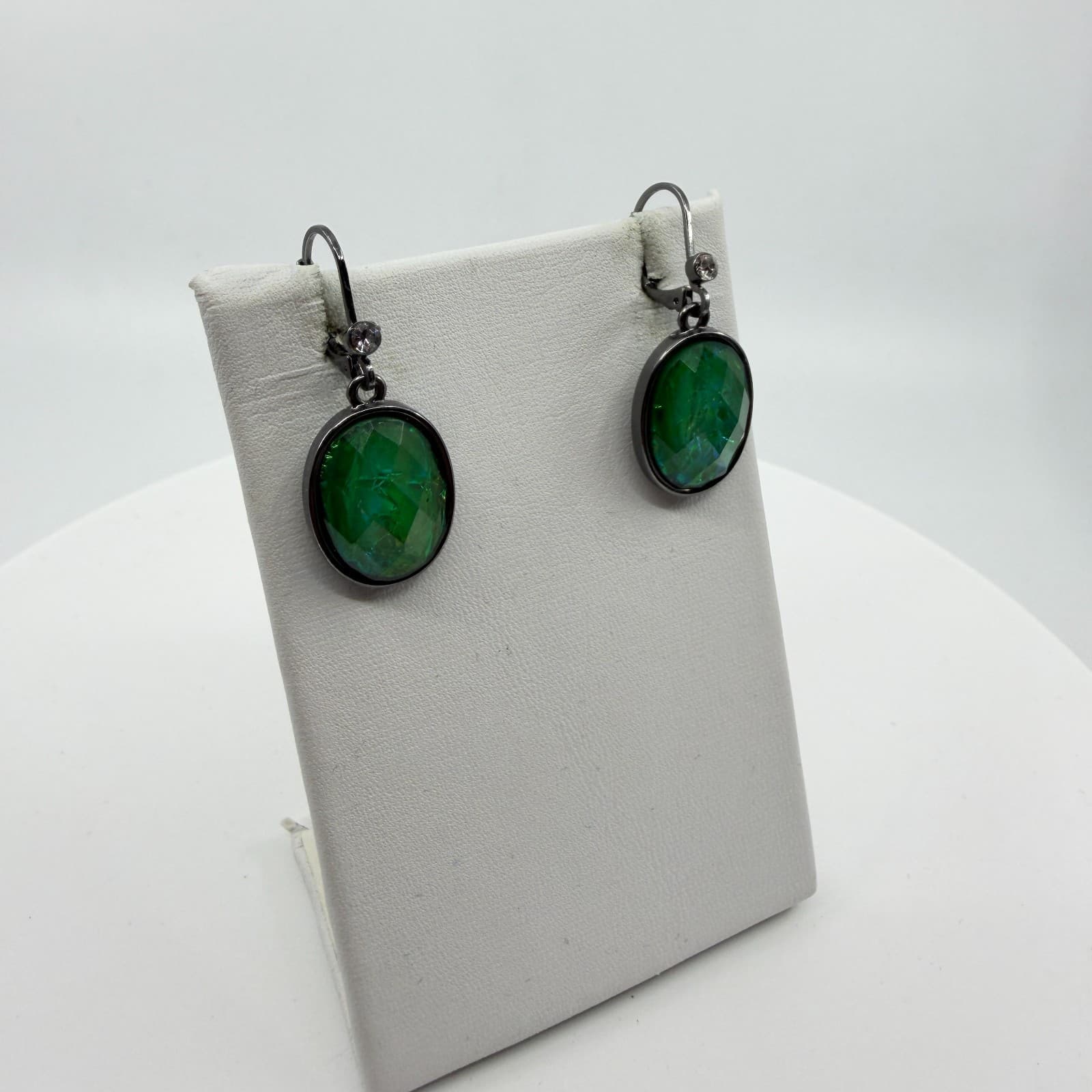 Y2K Dark Metal Green Crystal Dangle Earrings Oval Statement Jewelry Gift Idea - Thumbnail 3