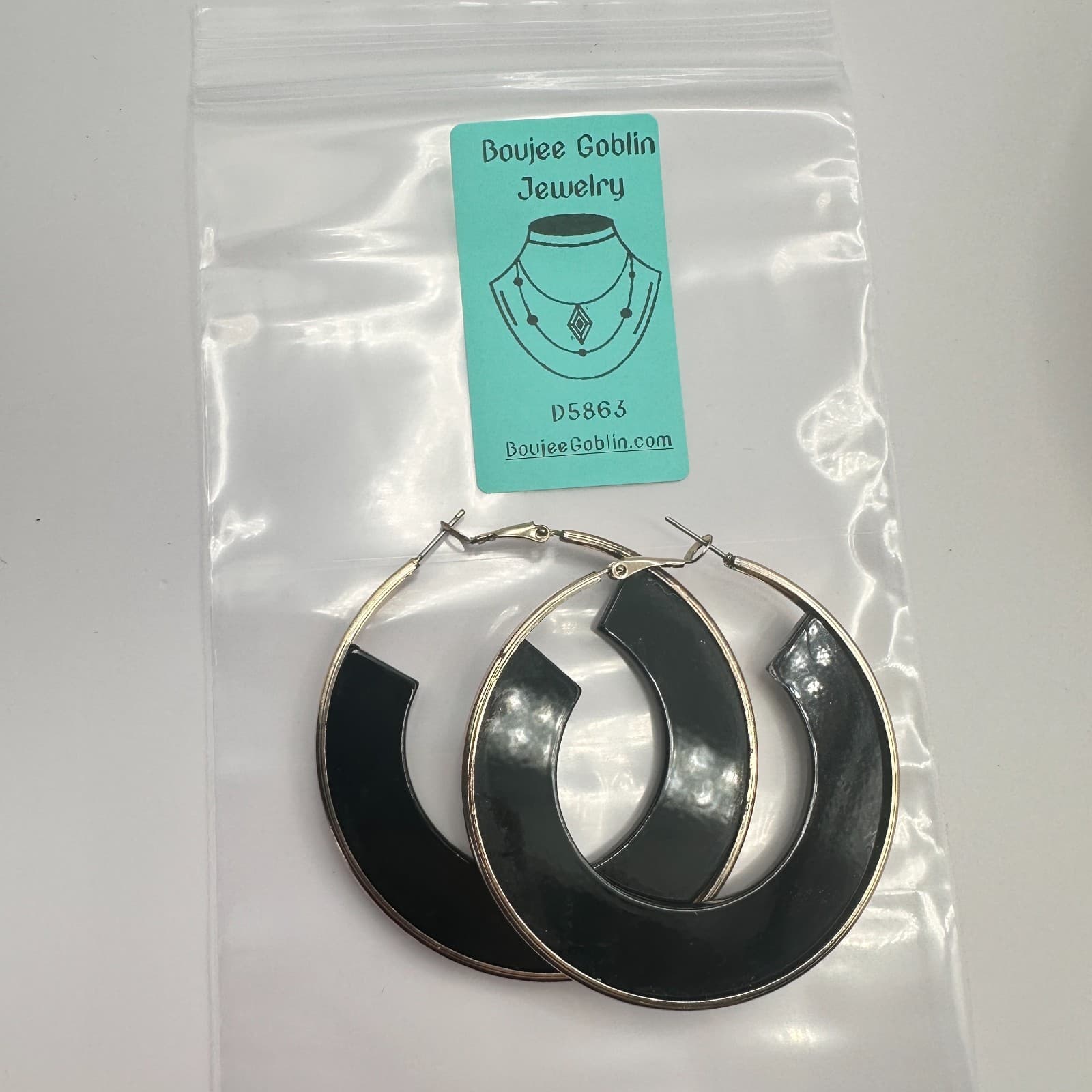 Vintage 90s Black Enamel Gold Tone Hoop Earrings Women's Classic Jewelry - Thumbnail 5