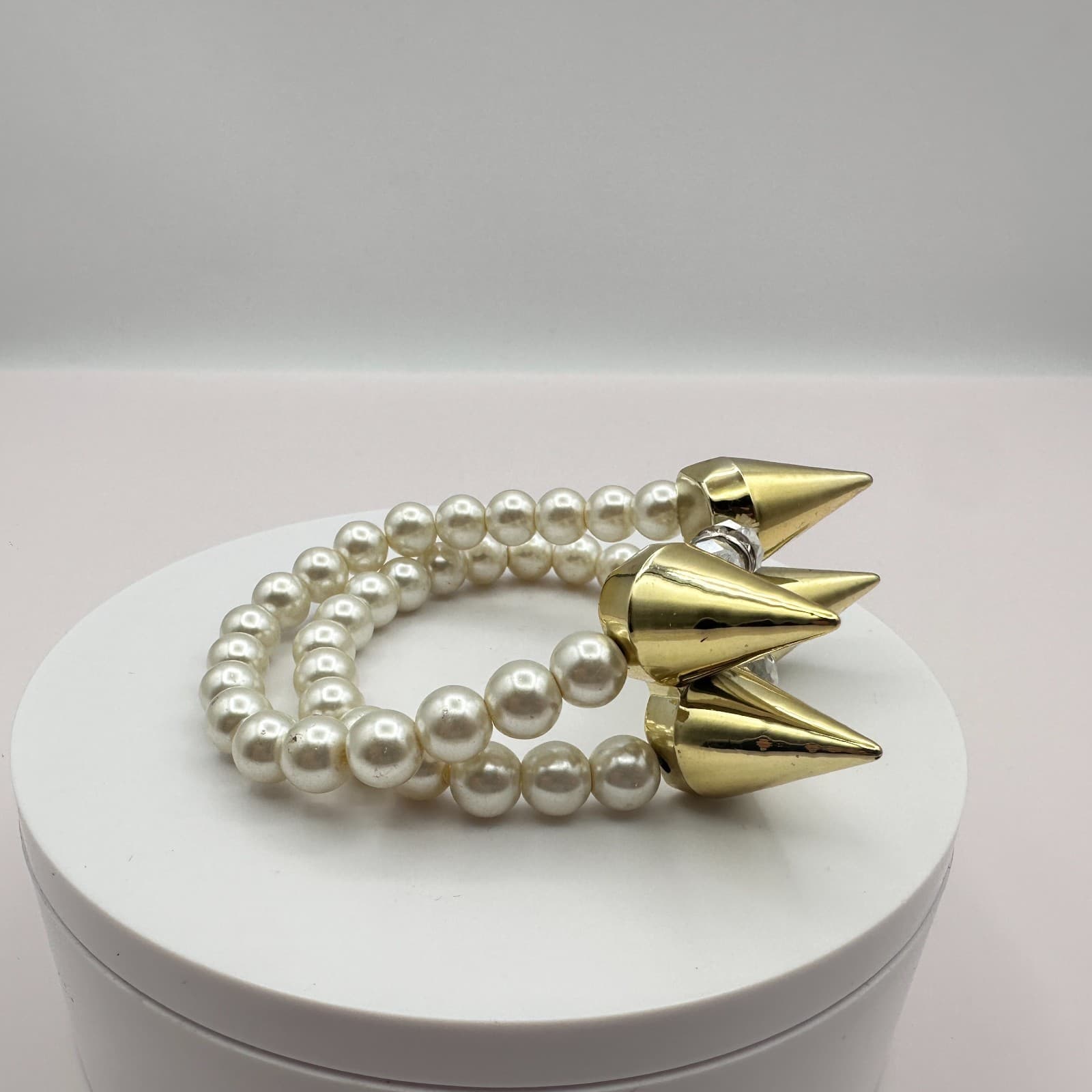 Vintage Y2K Spike Gold Tone Faux Pearl Rhinestone Stretch Bracelet Jewelry Boho - Thumbnail 3