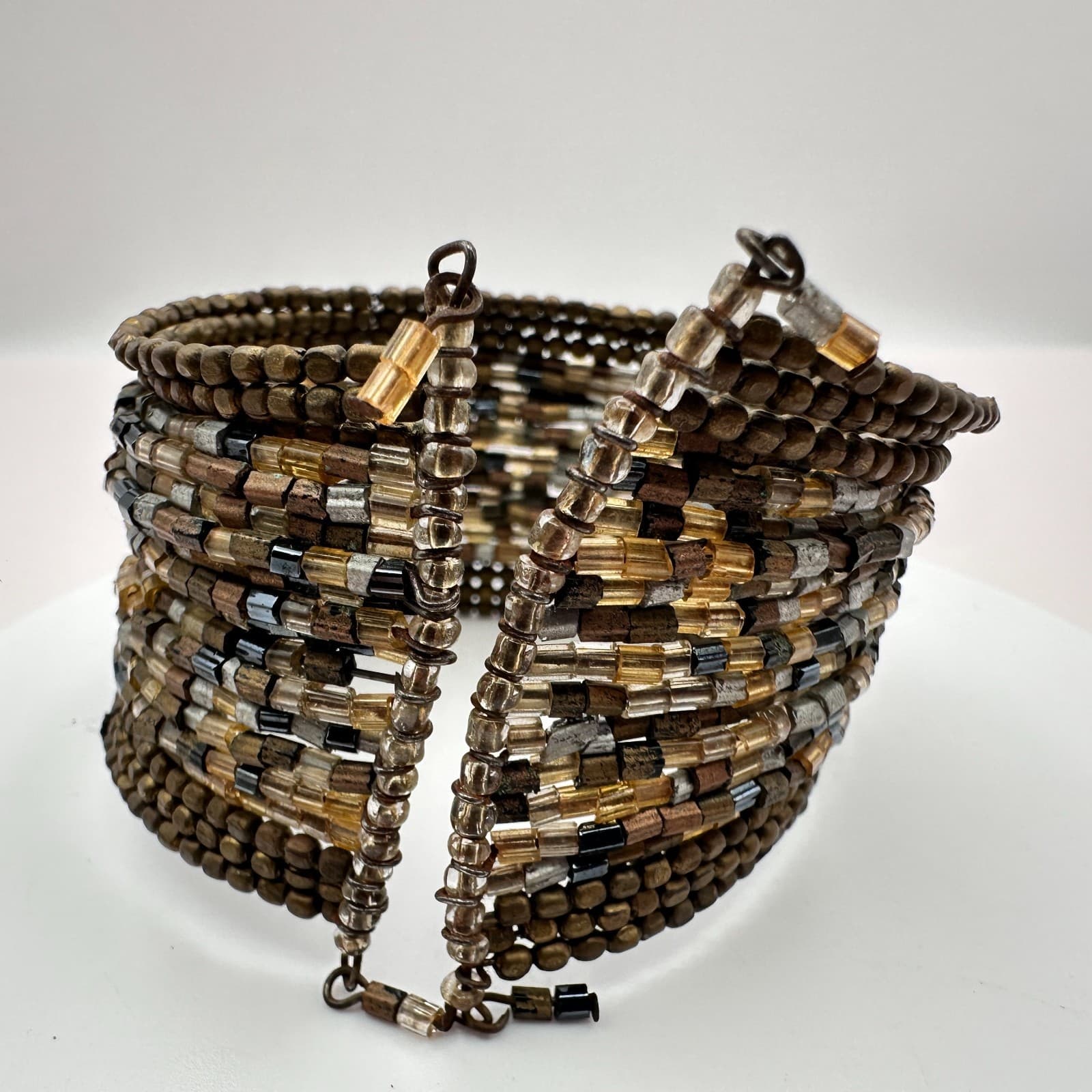 Vintage 90s Bronze Tone Multi Strand Glass Seed Bead Coil Cuff Bracelet Jewelry - Thumbnail 5