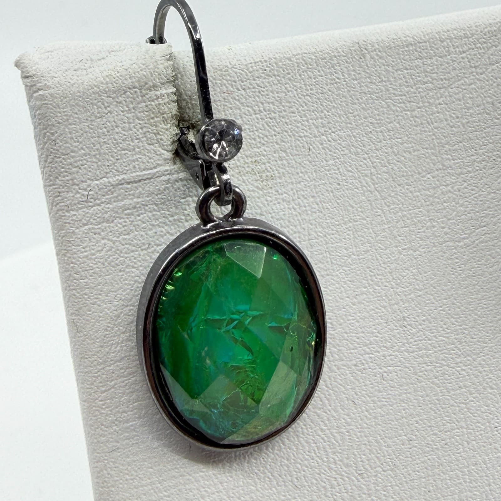 Y2K Dark Metal Green Crystal Dangle Earrings Oval Statement Jewelry Gift Idea - Thumbnail 4