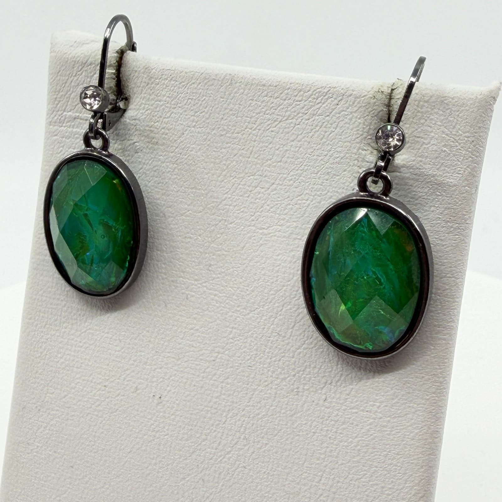 Y2K Dark Metal Green Crystal Dangle Earrings Oval Statement Jewelry Gift Idea - Thumbnail 6