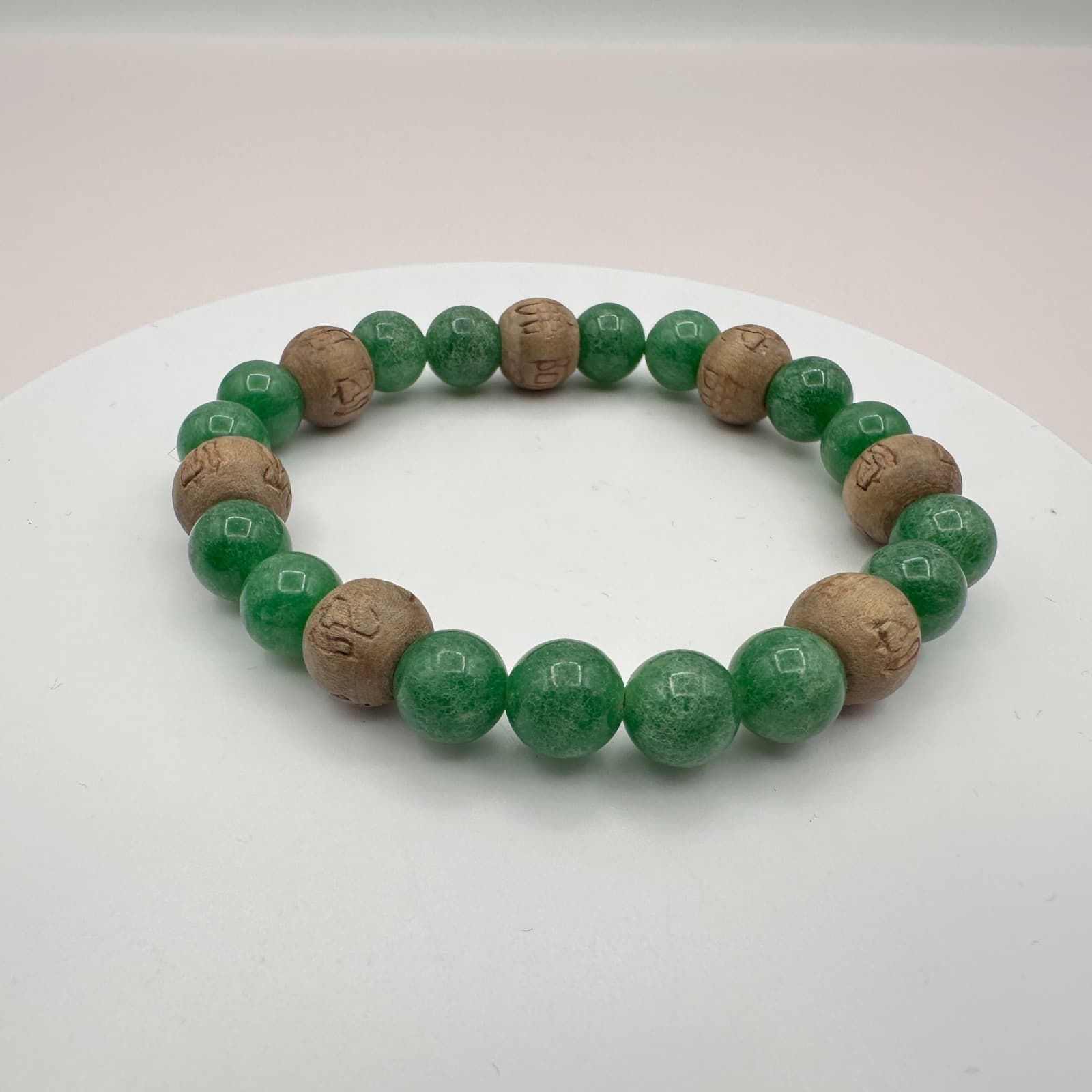 Vintage 90s Green Beaded Stretch Bracelet Carved Wooden Boho Women's Jewelry Y2K - Thumbnail 3