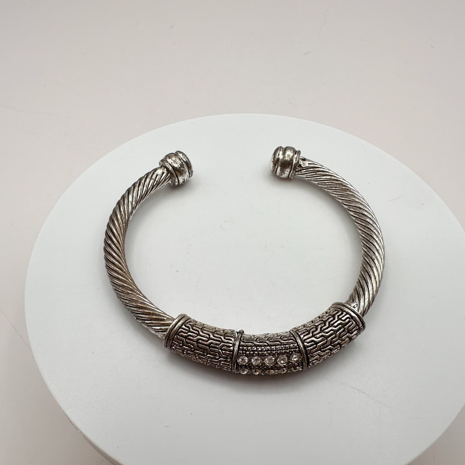 Vintage 90s Clear Glass Silver Tone Cable Cuff Bracelet Boho Textured Jewelry - Thumbnail 4
