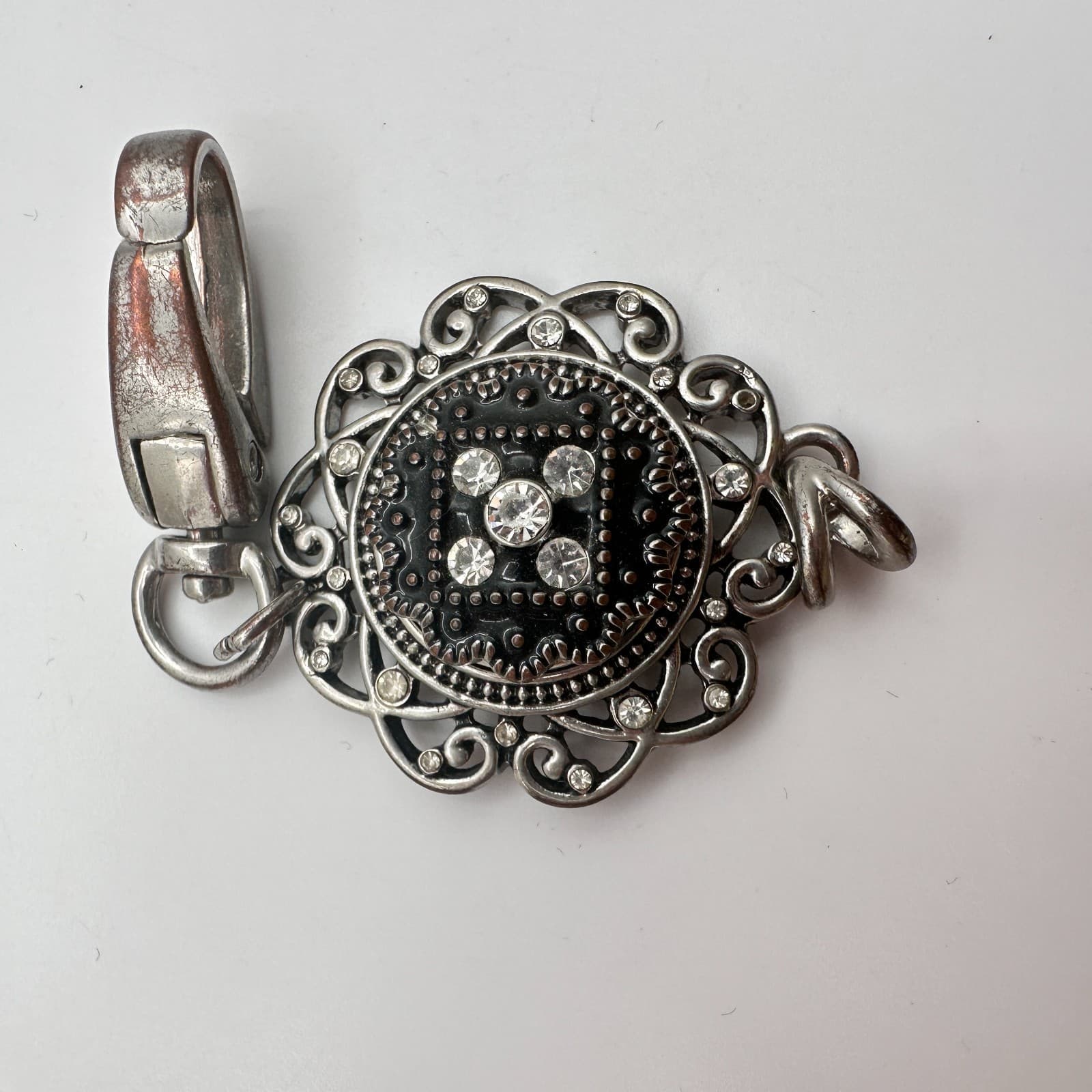 Vintage 90s Silver Tone Black Enamel Clear Glass Filigree Flower Pendant Charm - Thumbnail 6
