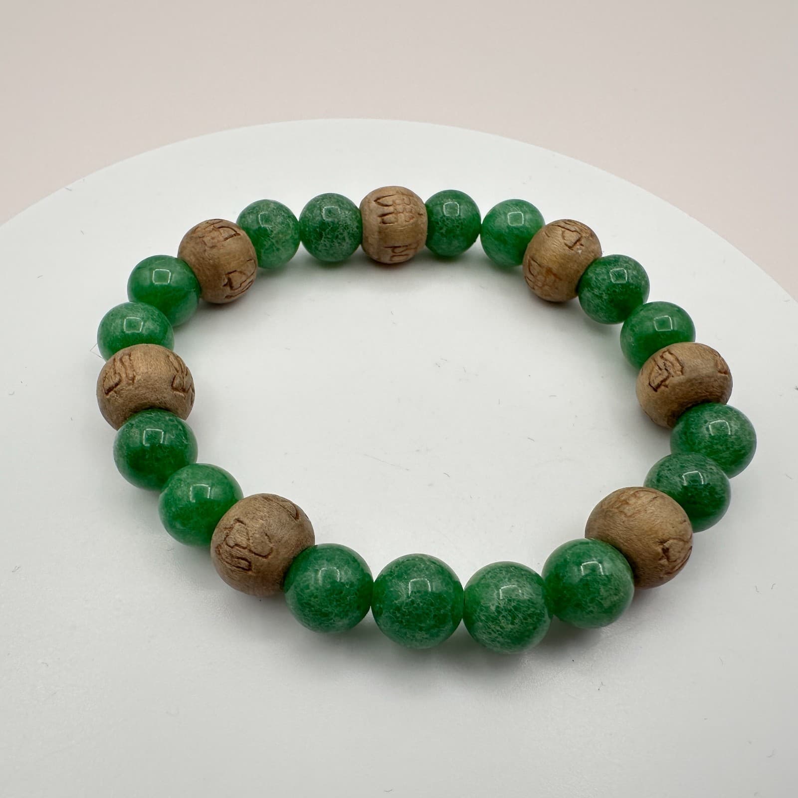 Vintage 90s Green Beaded Stretch Bracelet Carved Wooden Boho Women's Jewelry Y2K - Thumbnail 4