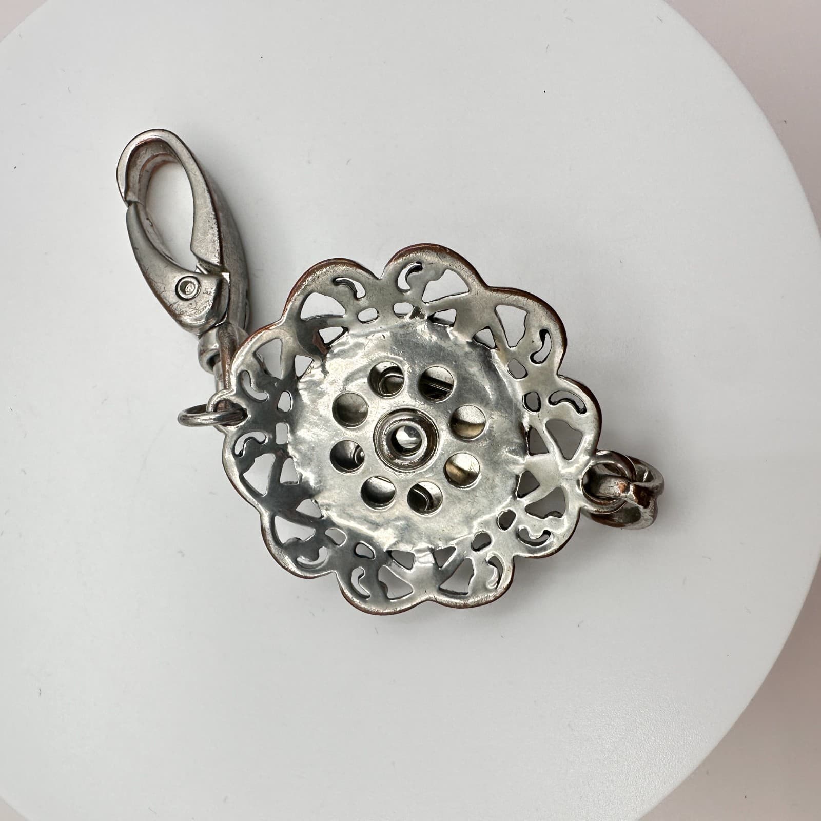 Vintage 90s Silver Tone Black Enamel Clear Glass Filigree Flower Pendant Charm - Thumbnail 7
