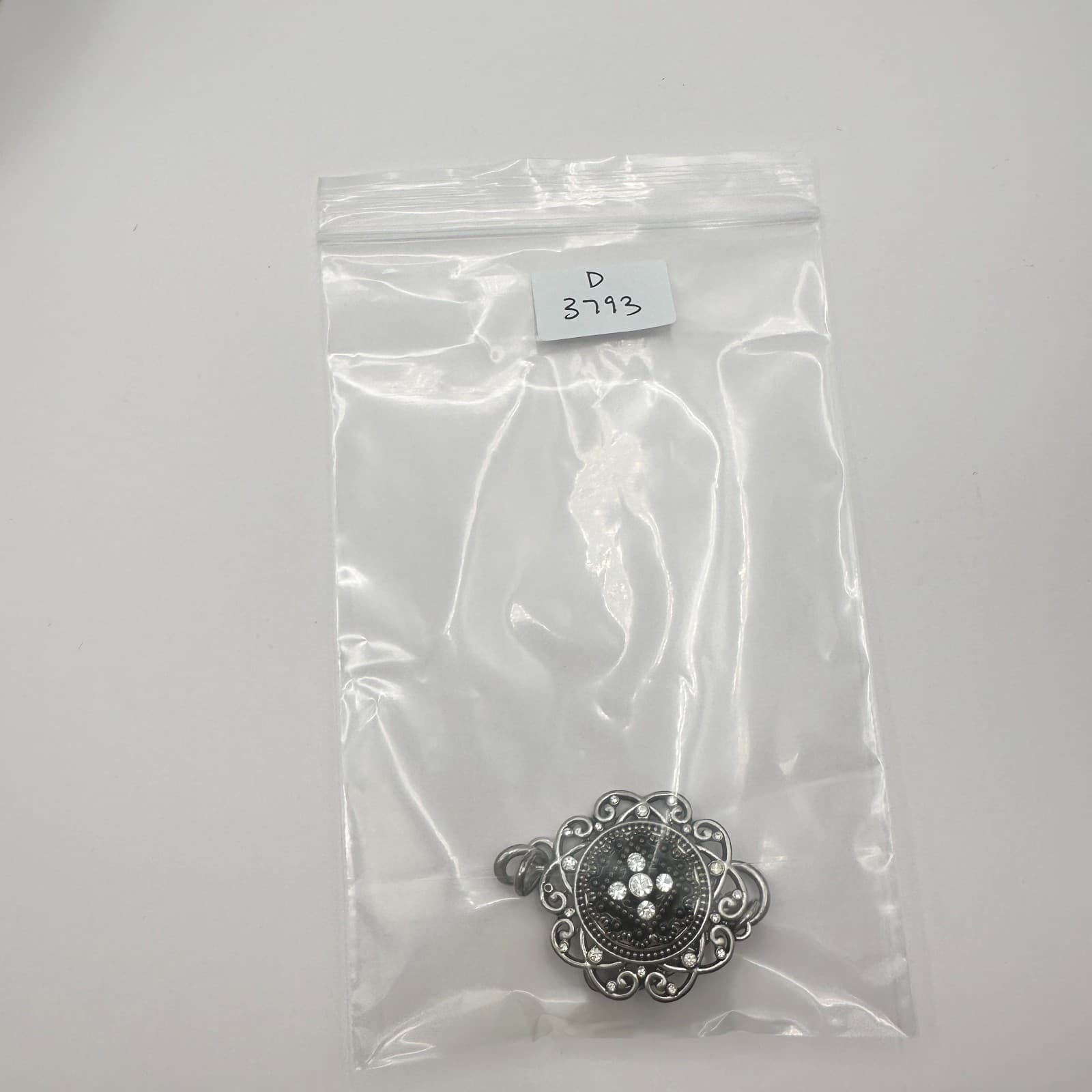 Vintage 90s Silver Tone Black Enamel Clear Glass Filigree Flower Pendant Charm - Thumbnail 9
