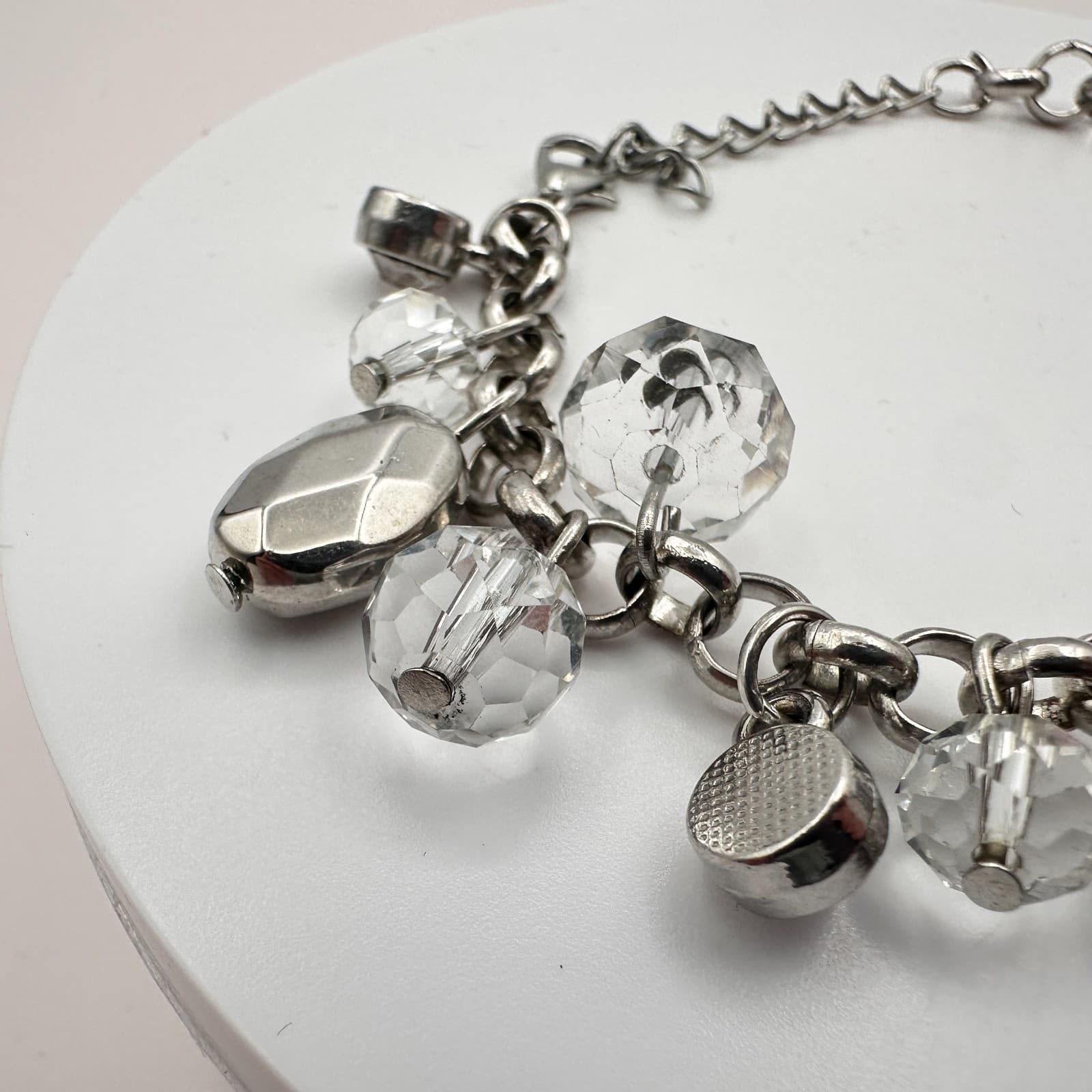 Vintage Y2K Silver Tone Faceted Beaded Charm Bracelet Women's Classic Jewelry - Thumbnail 4